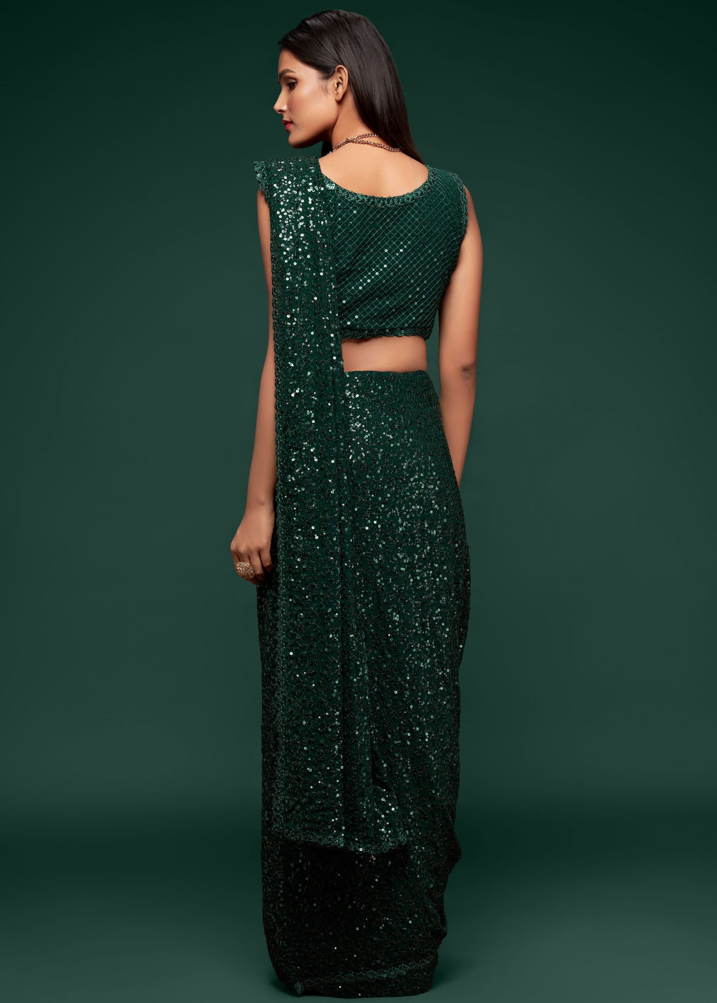 Deep Green Georgette Saree with Thread Embroidery and Sequins Work