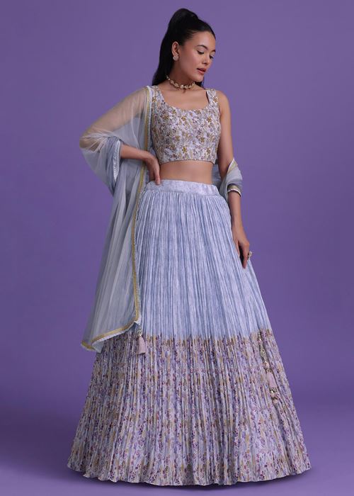 Delightful Blue Floral Printed Georgette Festival Wear Lehenga Choli