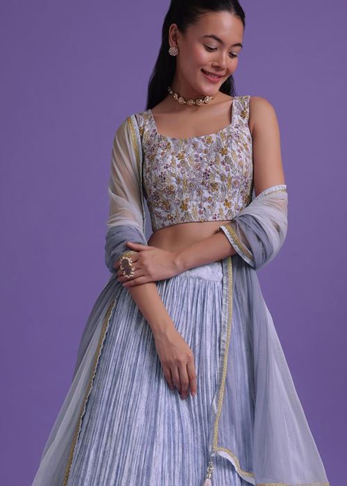 Delightful Blue Floral Printed Georgette Festival Wear Lehenga Choli