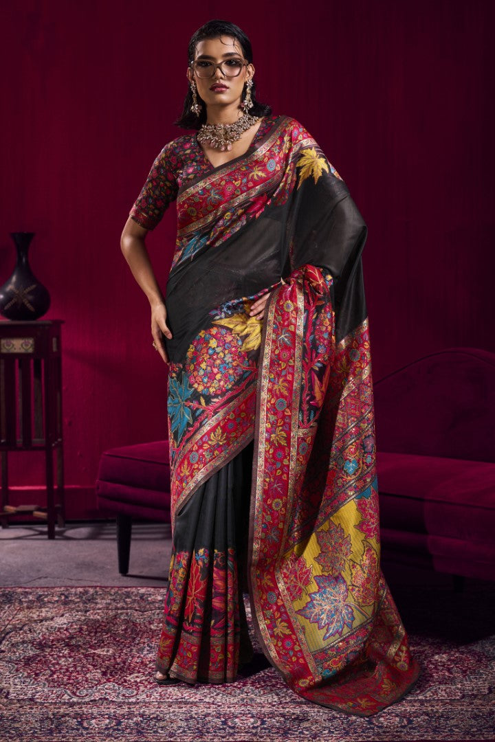 Designer Black Modal Pashmina Saree with Traditional Zari Weaving