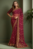 Designer Printed With Embroidery Lace Work Wine Georgette Graceful Festive Saree