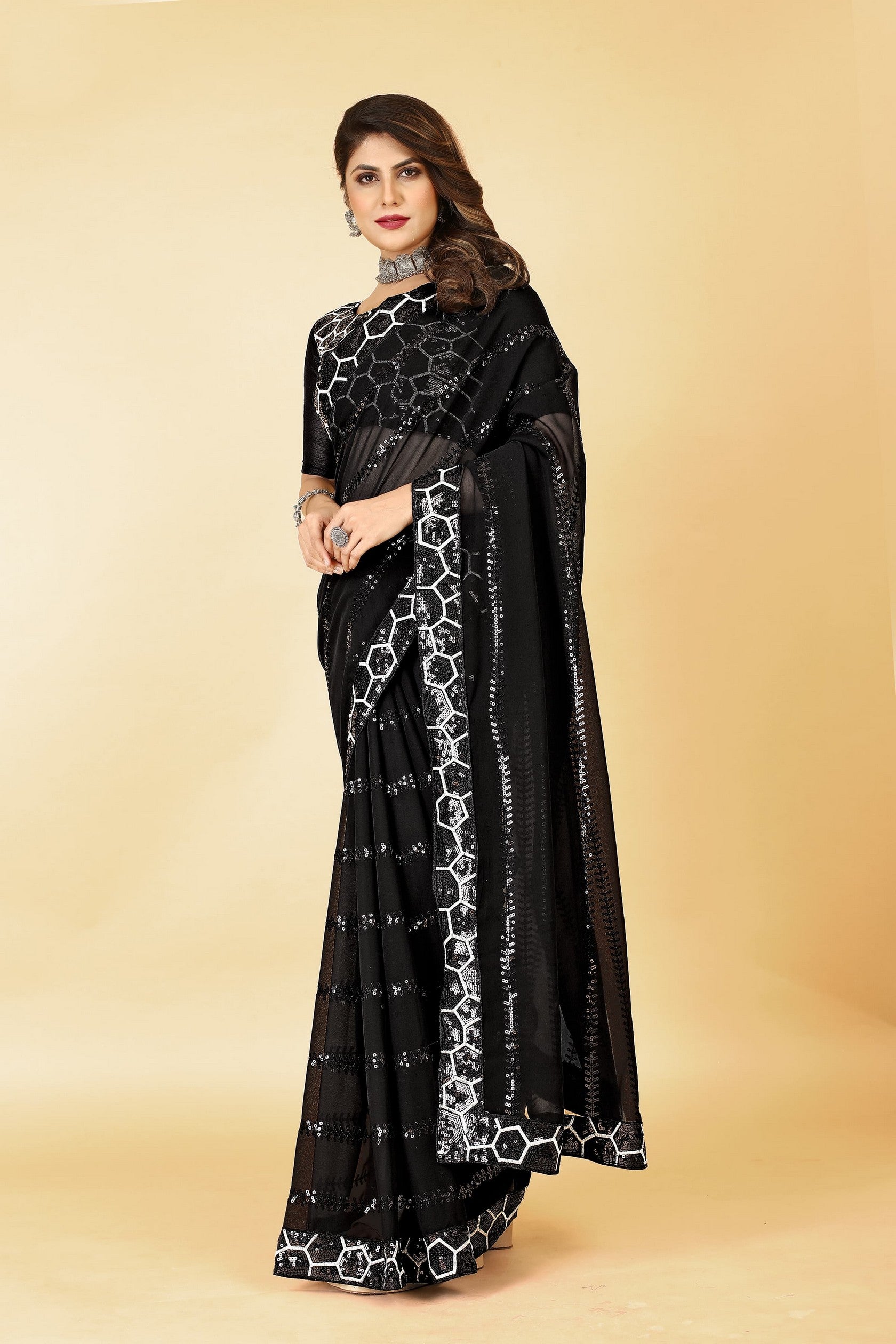 Designer Sequins Embroidery Work Black Georgette Glamorous Bollywood Saree