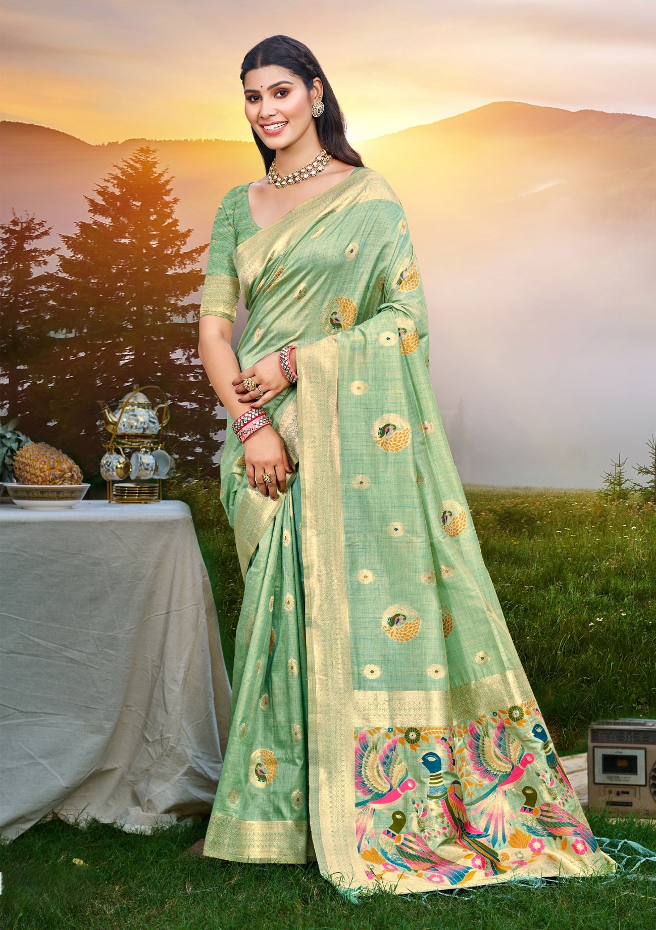 Divine Sea Green Assam Silk Meenakari Festival Saree
