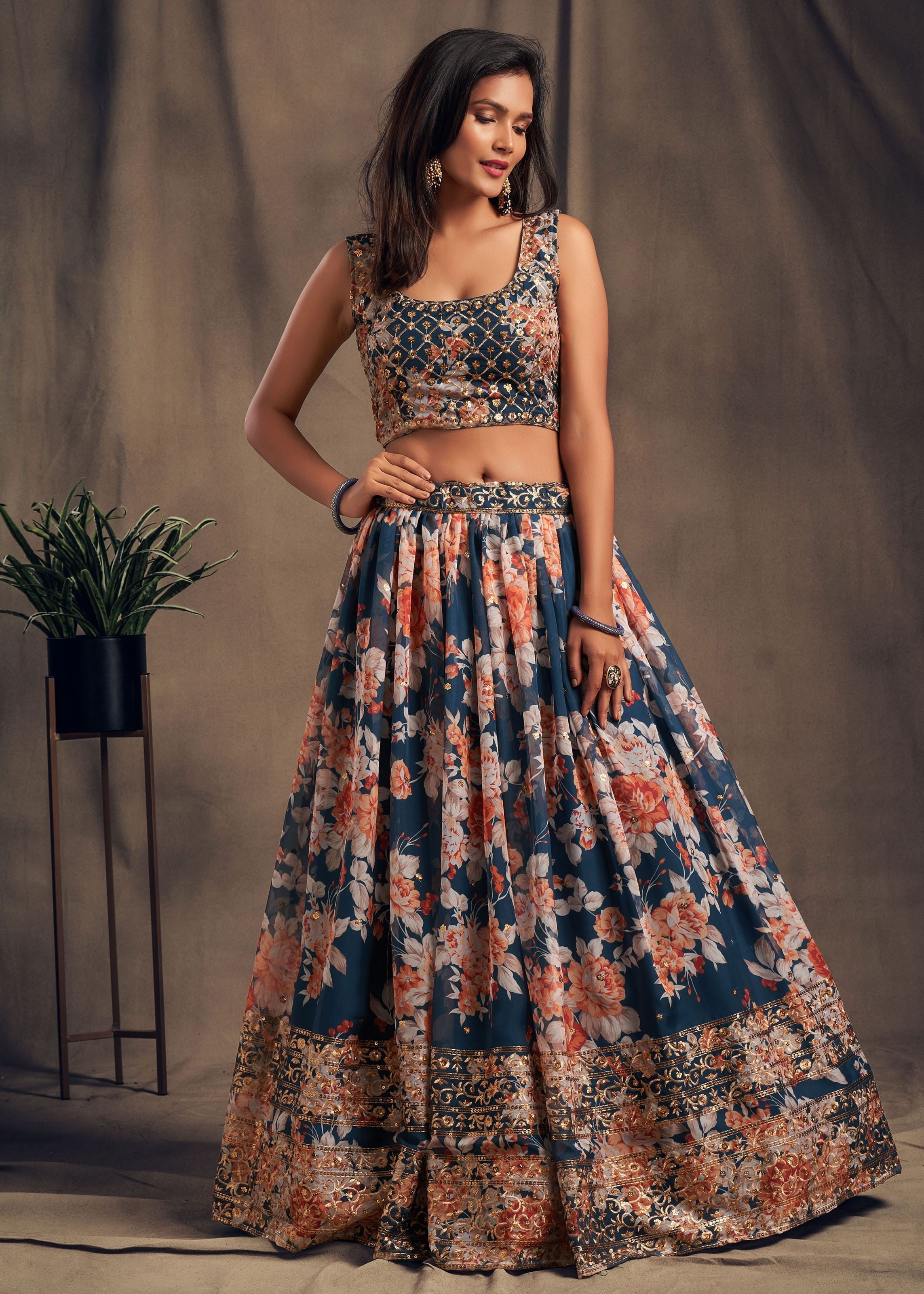 Dove Blue Organza Lehenga Choli With Sequins Zari Embroidery Work