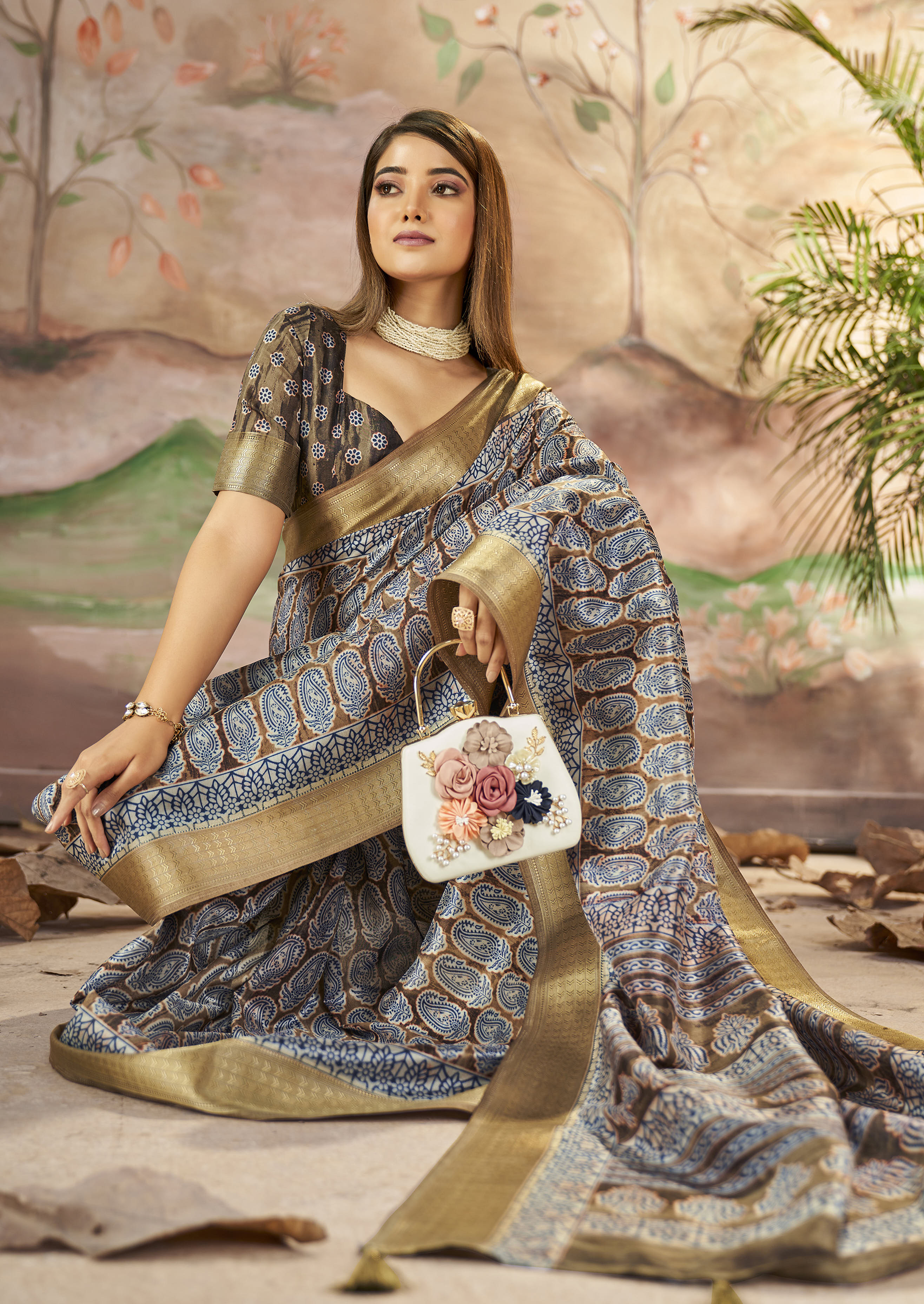 Dull Brown Beautiful Dolla Silk Woven Border Designer With Printed Saree
