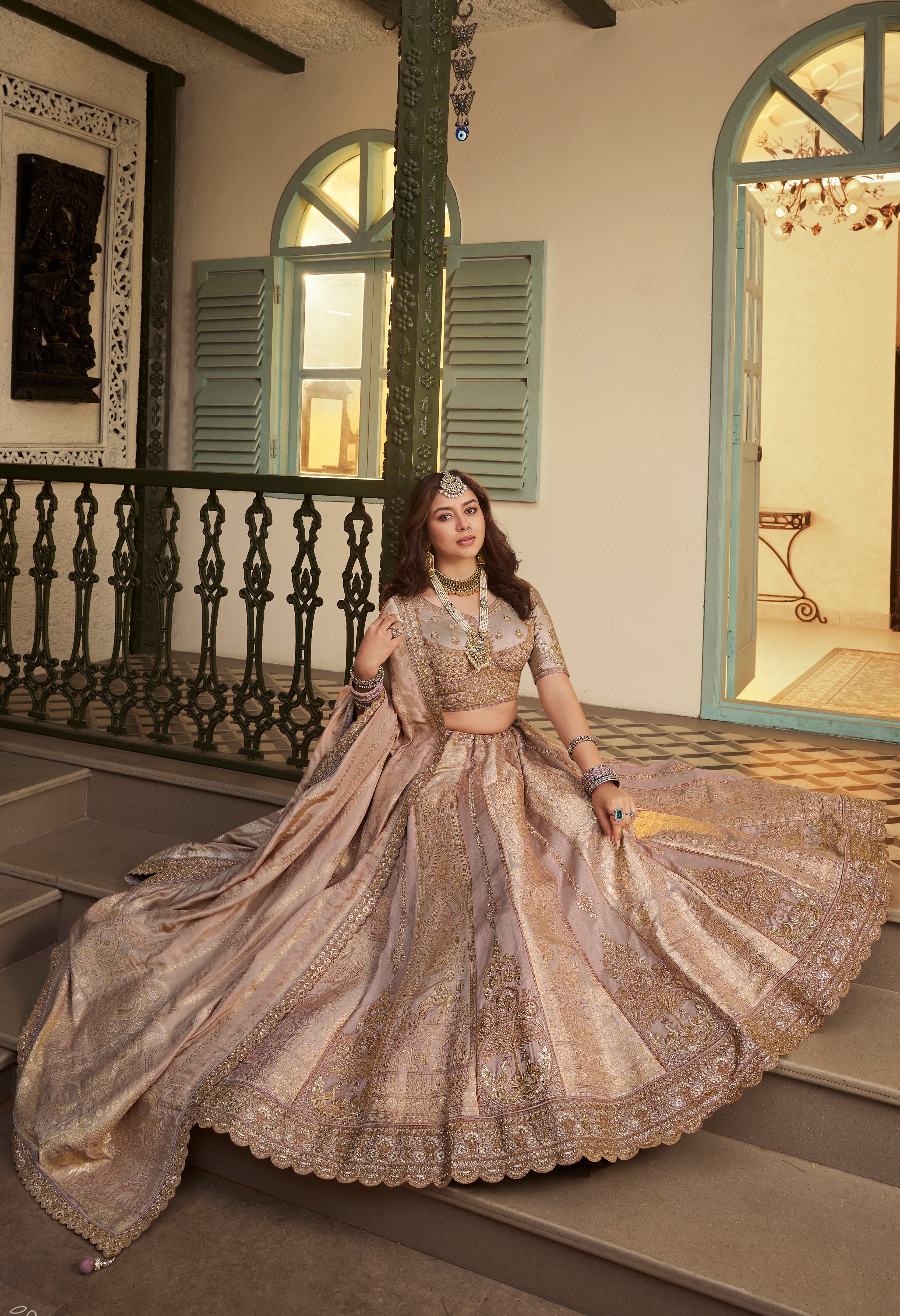 Dusty Pink Banarasi Premium Silk Lehenga Choli With Heavy Thread Embroidery, Sequence, Swarovski ,Stone With Zari, Khatli Weaving Work