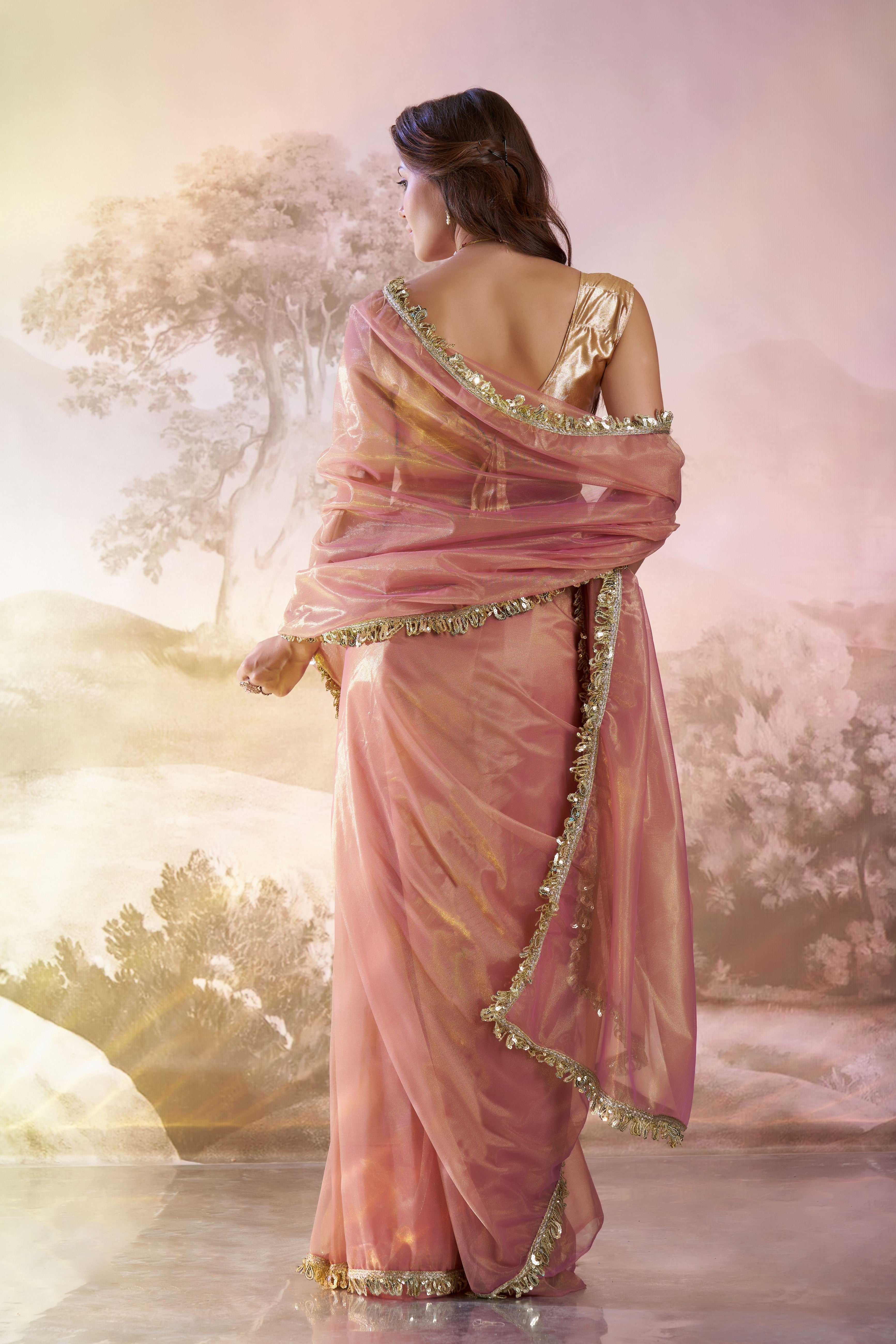 Dusty Pink Glamorous Twill Net Solid Designer Partywear Saree