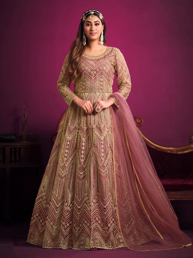 Dusty Pink Net Heavy Thread Embroidery, Zari With Sequins Work  Anarkali Suits