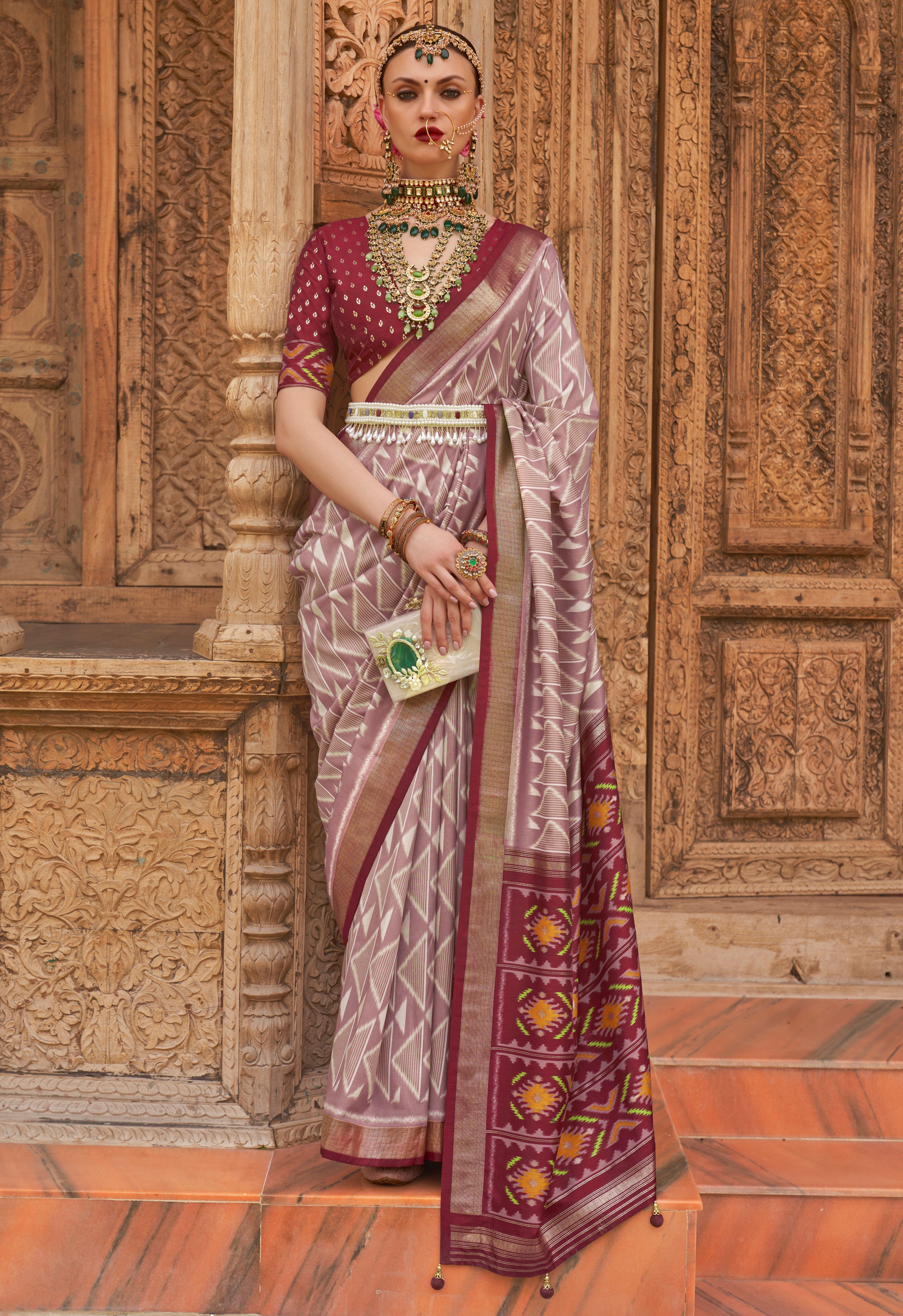 Dusty Pink PV Silk Saree with  Printed