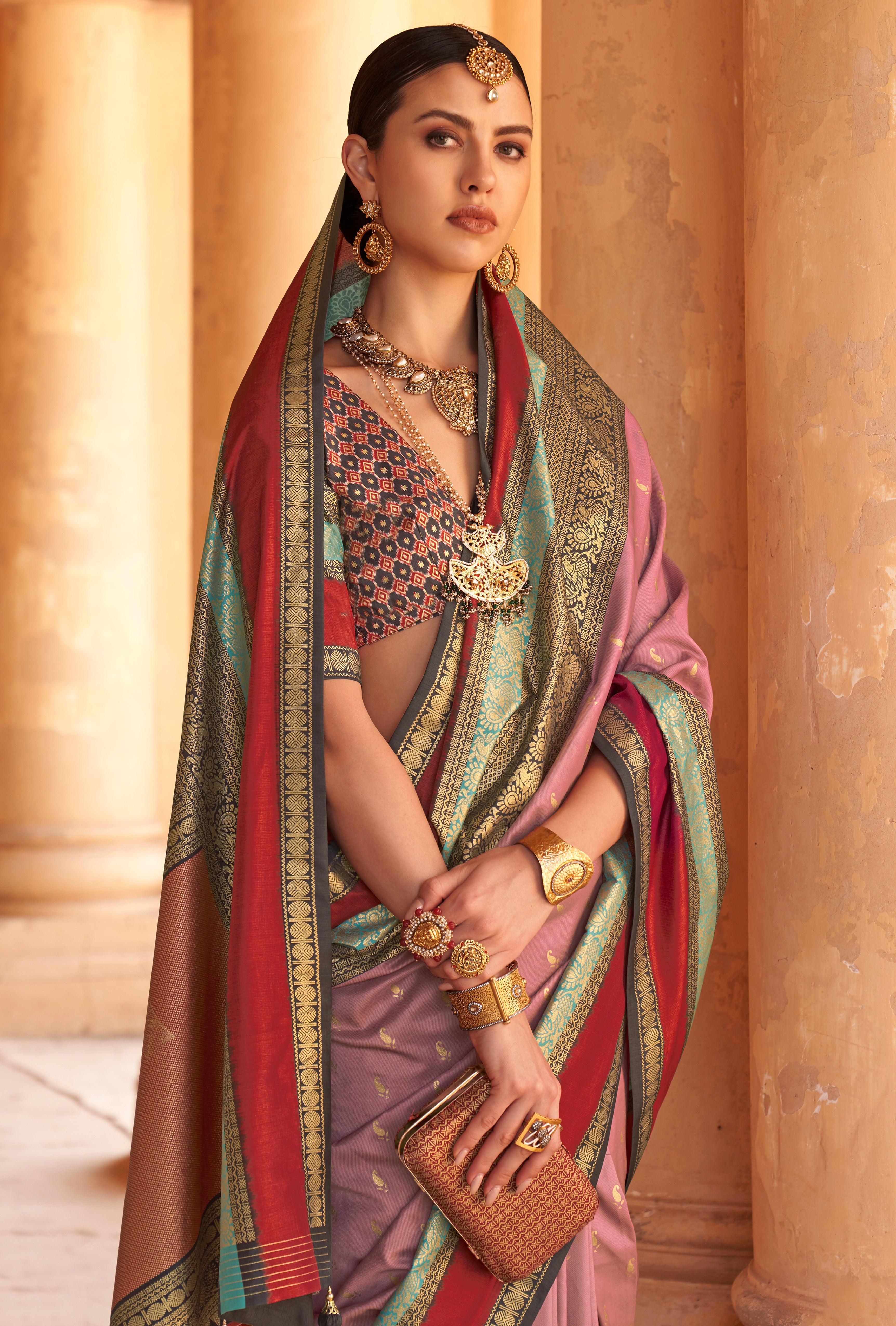 Dusty Pink Silk Saree with  Jacquard Woven Work
