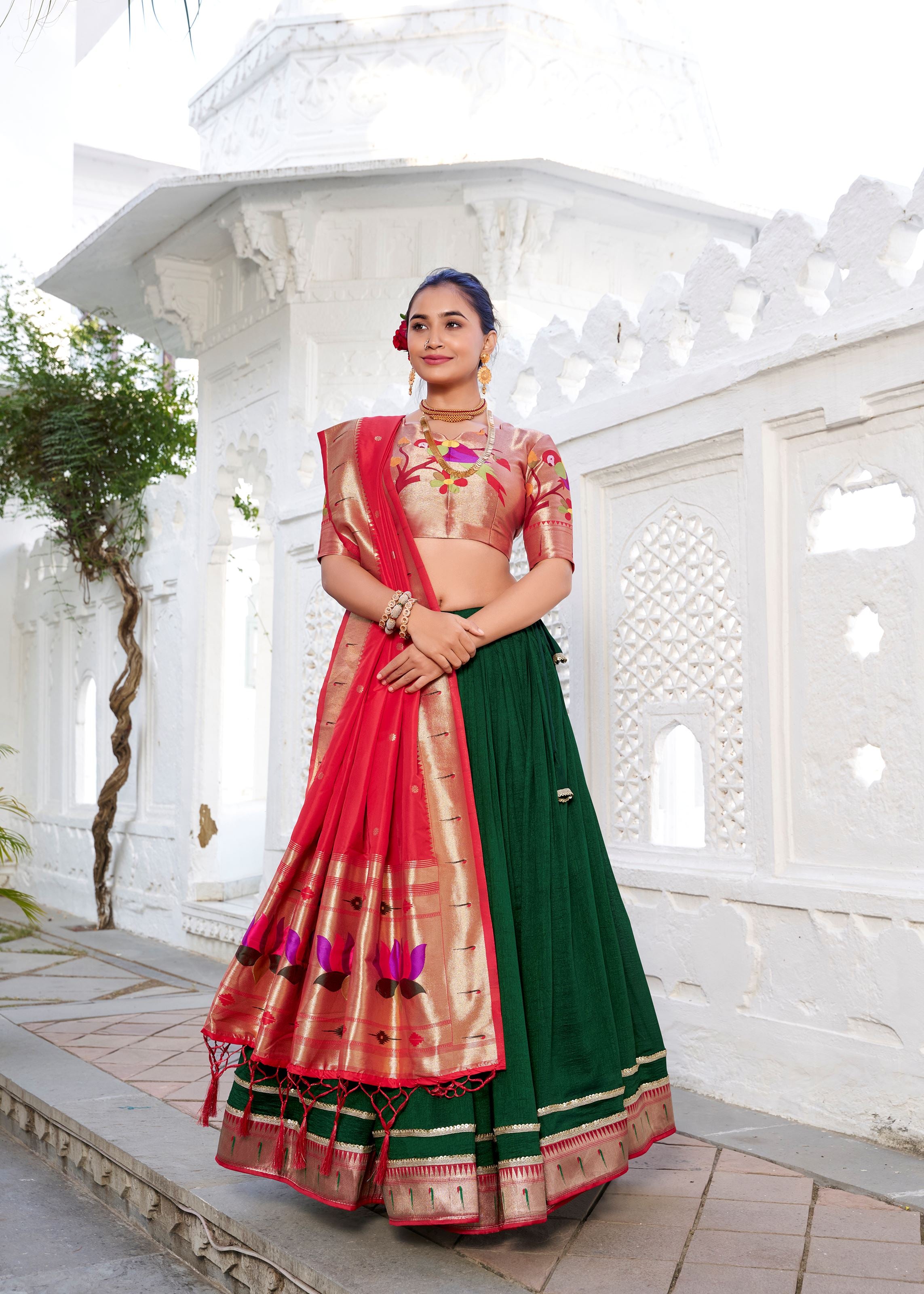 Elegance In Simplicity Green Vichitra Silk Lehenga With Classic Plain Look And Paithani Lace Border