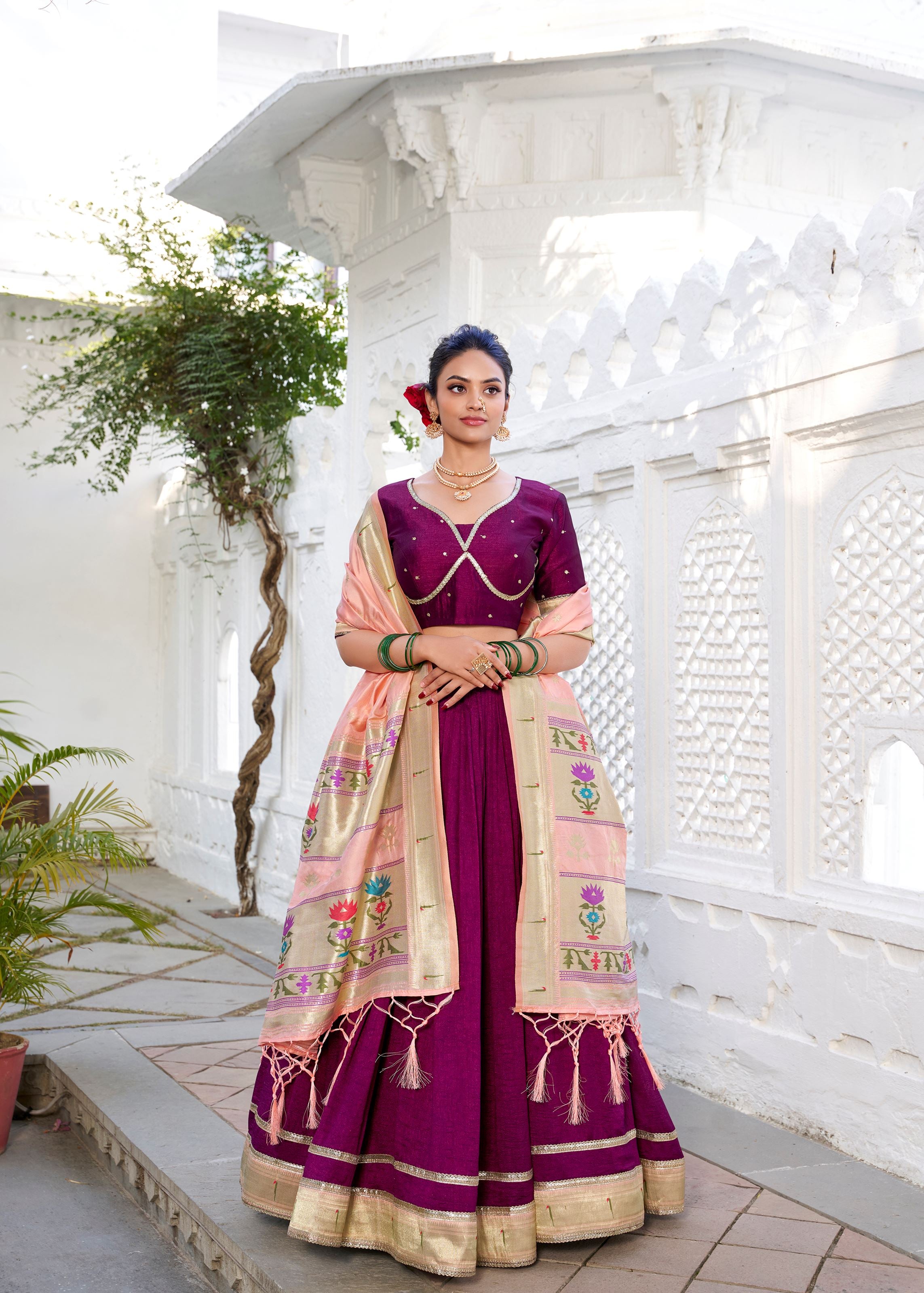 Elegance In Simplicity Wine Vichitra Silk Lehenga With Classic Plain Look And Paithani Lace Border