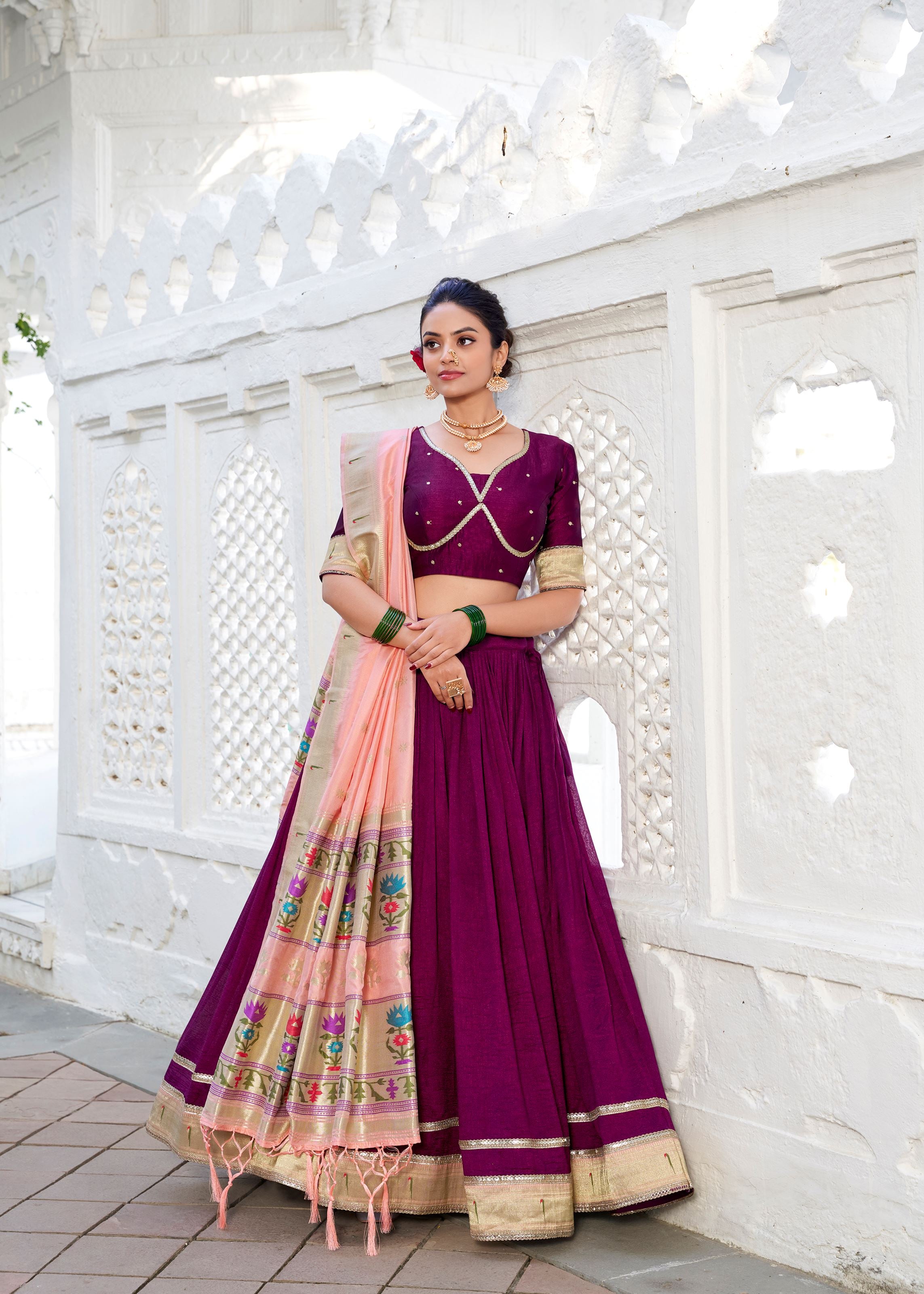 Elegance In Simplicity Wine Vichitra Silk Lehenga With Classic Plain Look And Paithani Lace Border