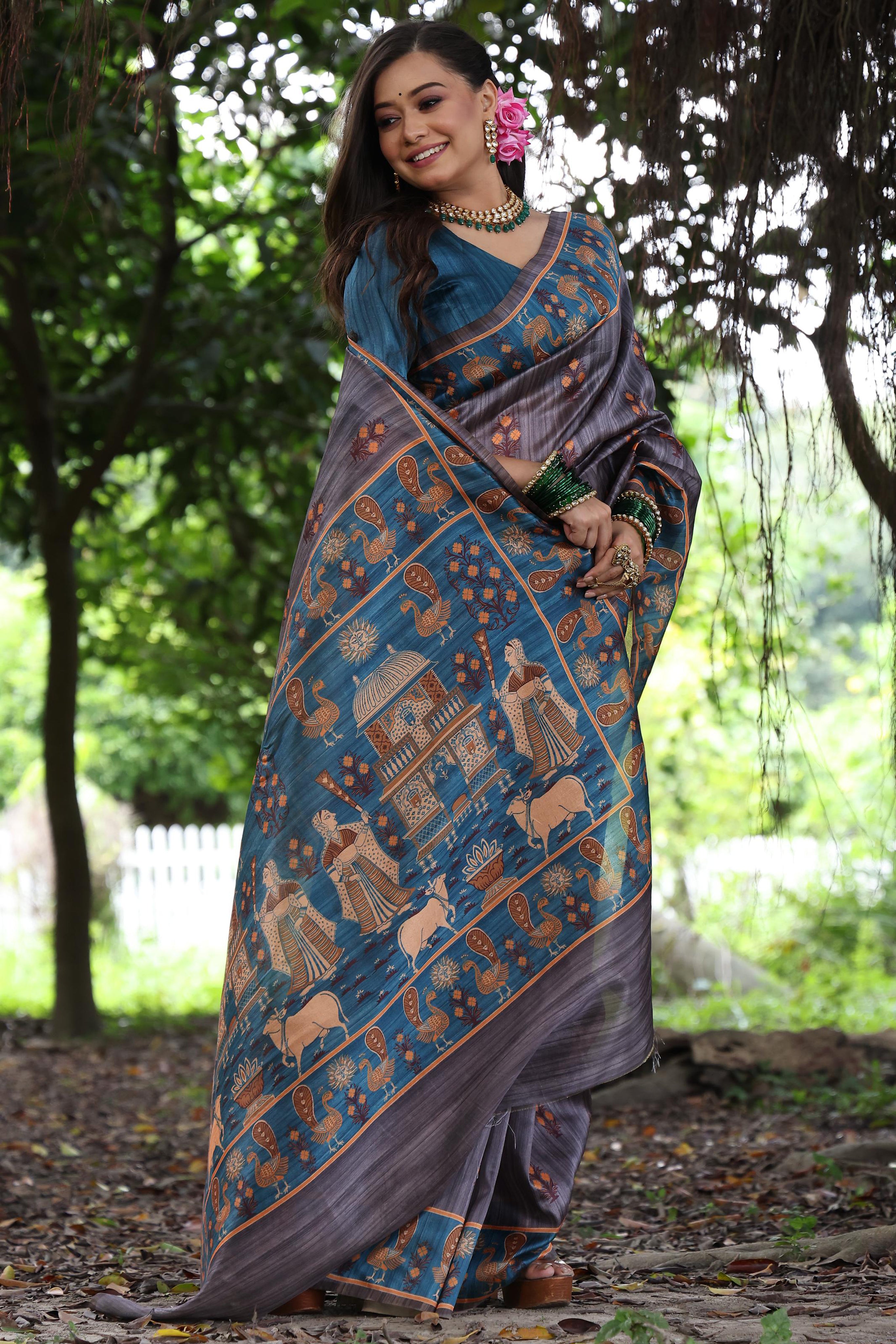 Elegant Grey Tussar Silk Saree with Modern Printed Work