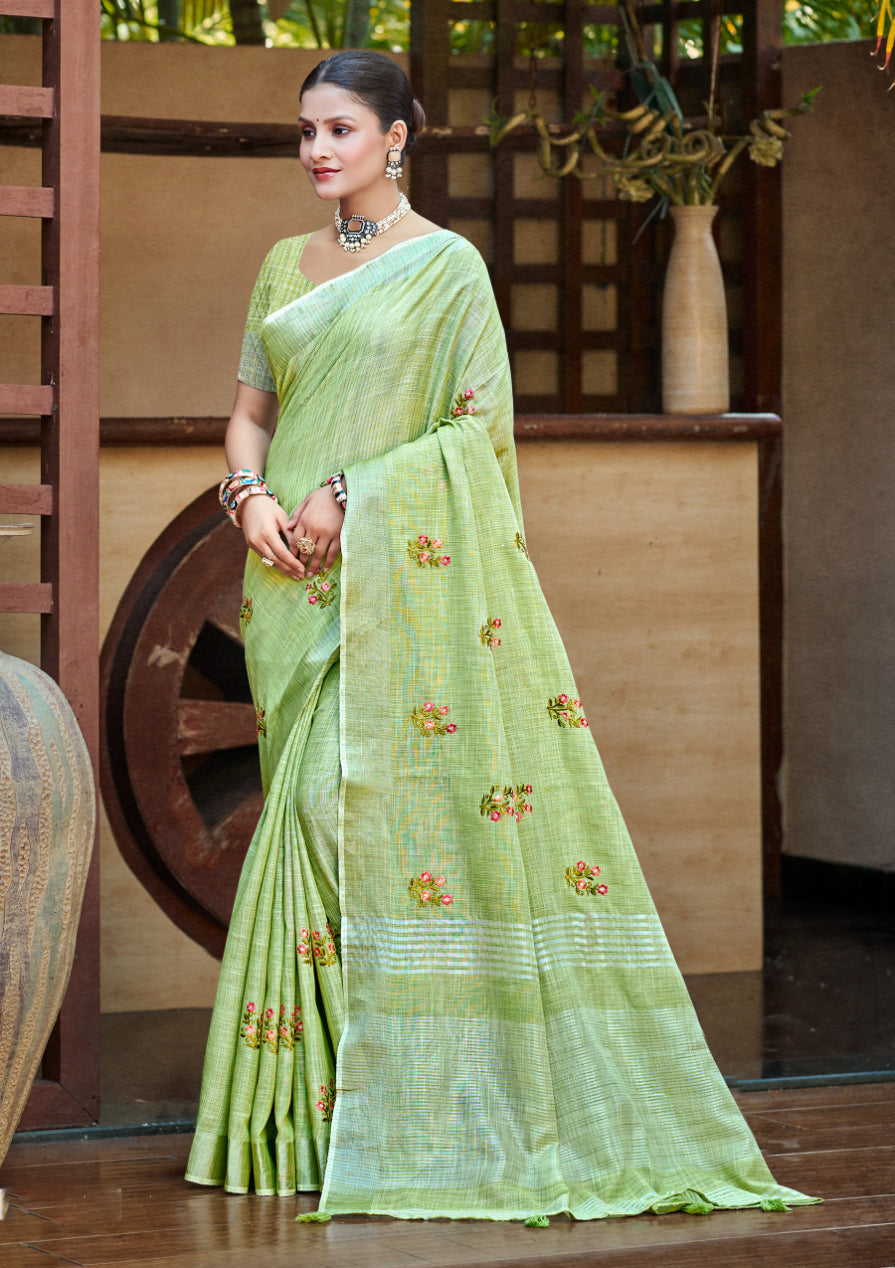 Elegant Olive Green Linen Festival Saree for Women