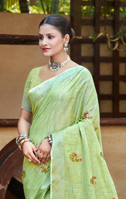 Elegant Olive Green Linen Festival Saree for Women