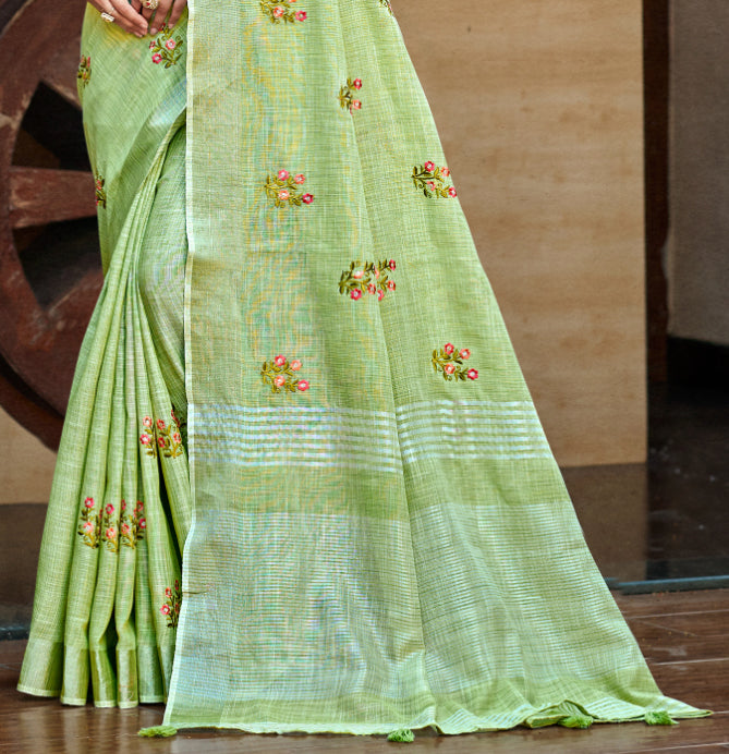 Elegant Olive Green Linen Festival Saree for Women