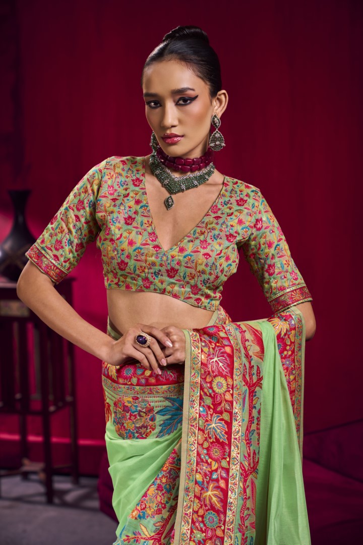 Elegant Parrot Green Modal Pashmina Saree with Handloom Zari Border