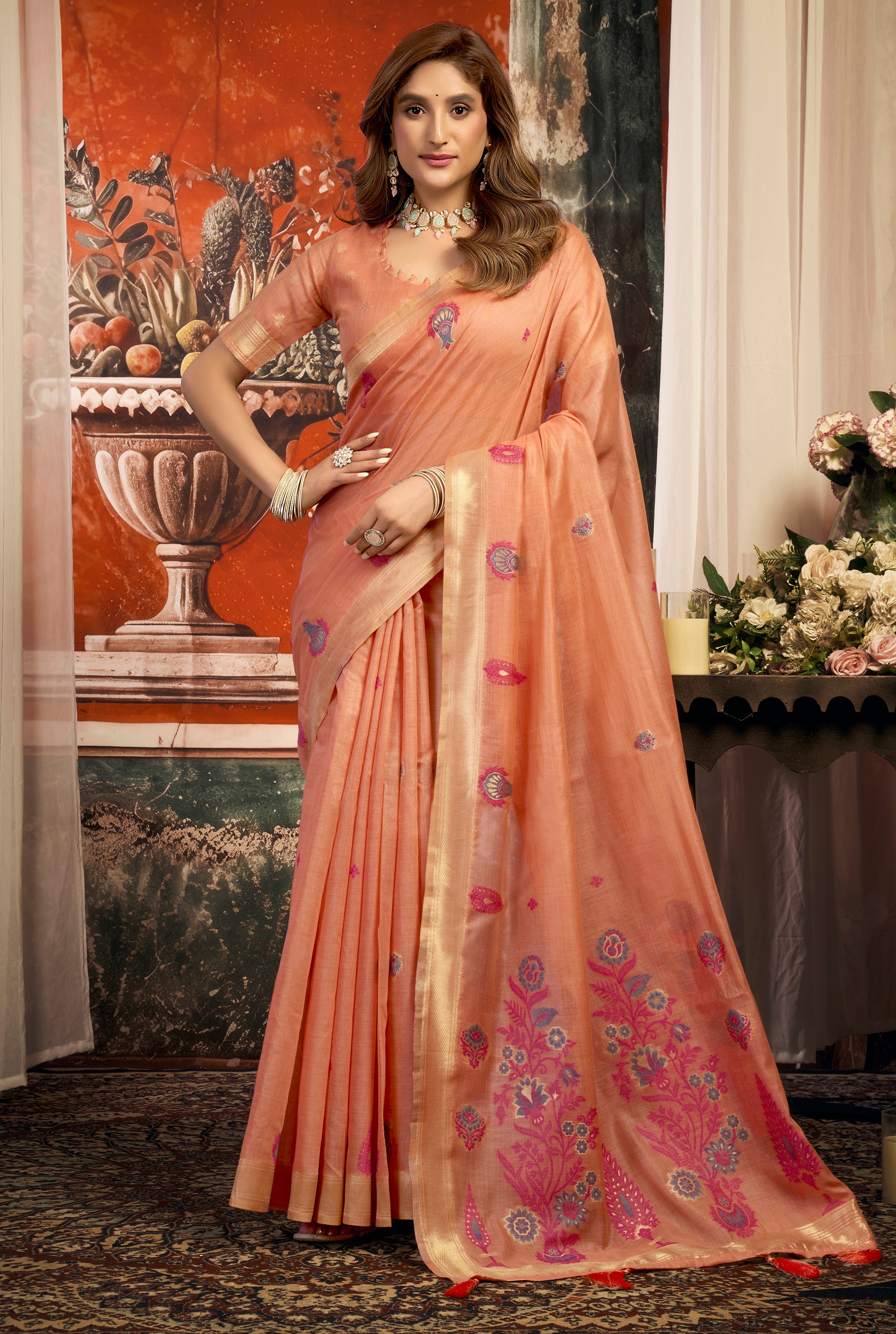 Elegant Peach Cotton Saree with Zari Border & Fancy Tassels