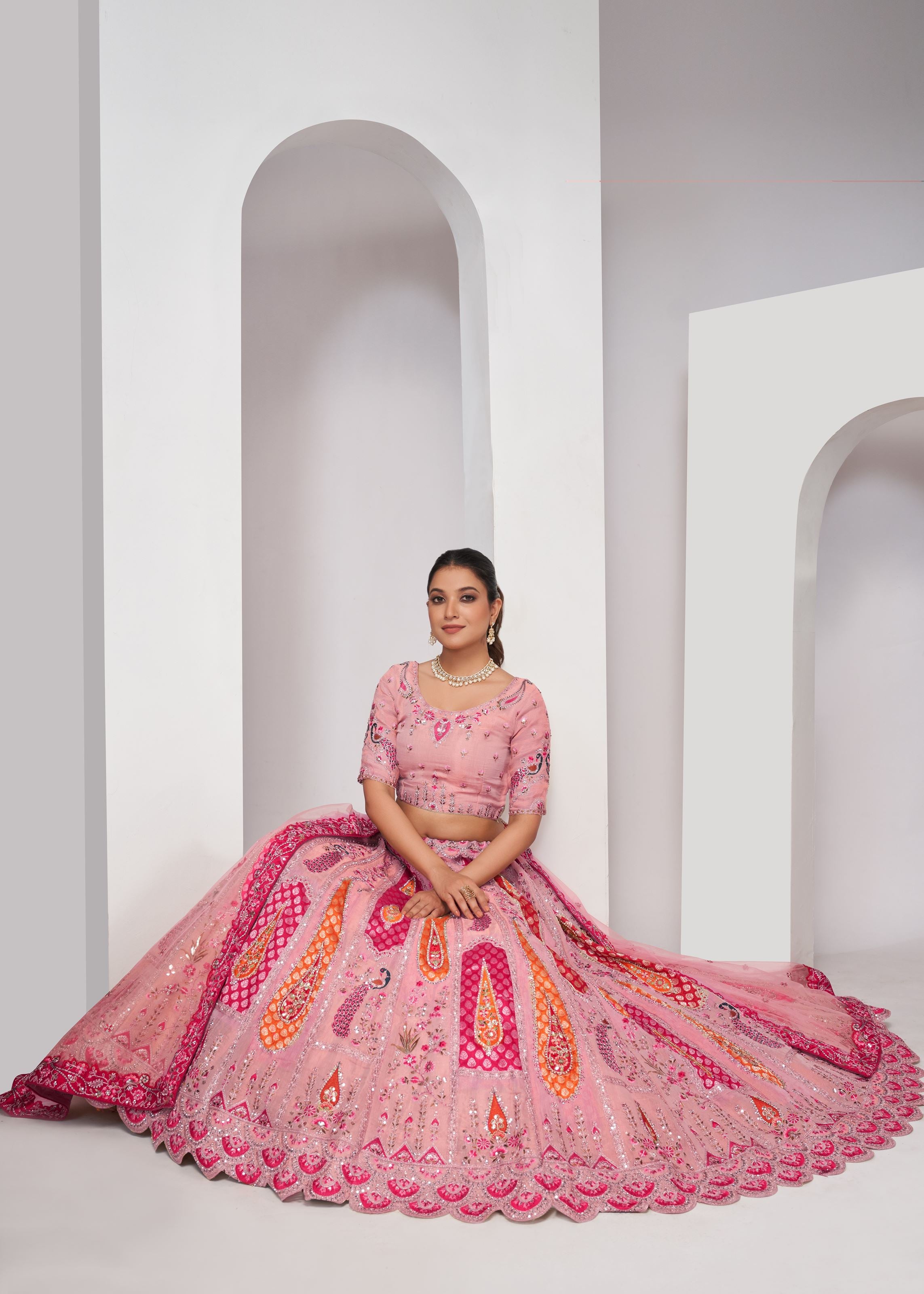 Elegant Peacock And Paisely Motifs Rose Pink  Silk Color Traditional Lehenga Choli