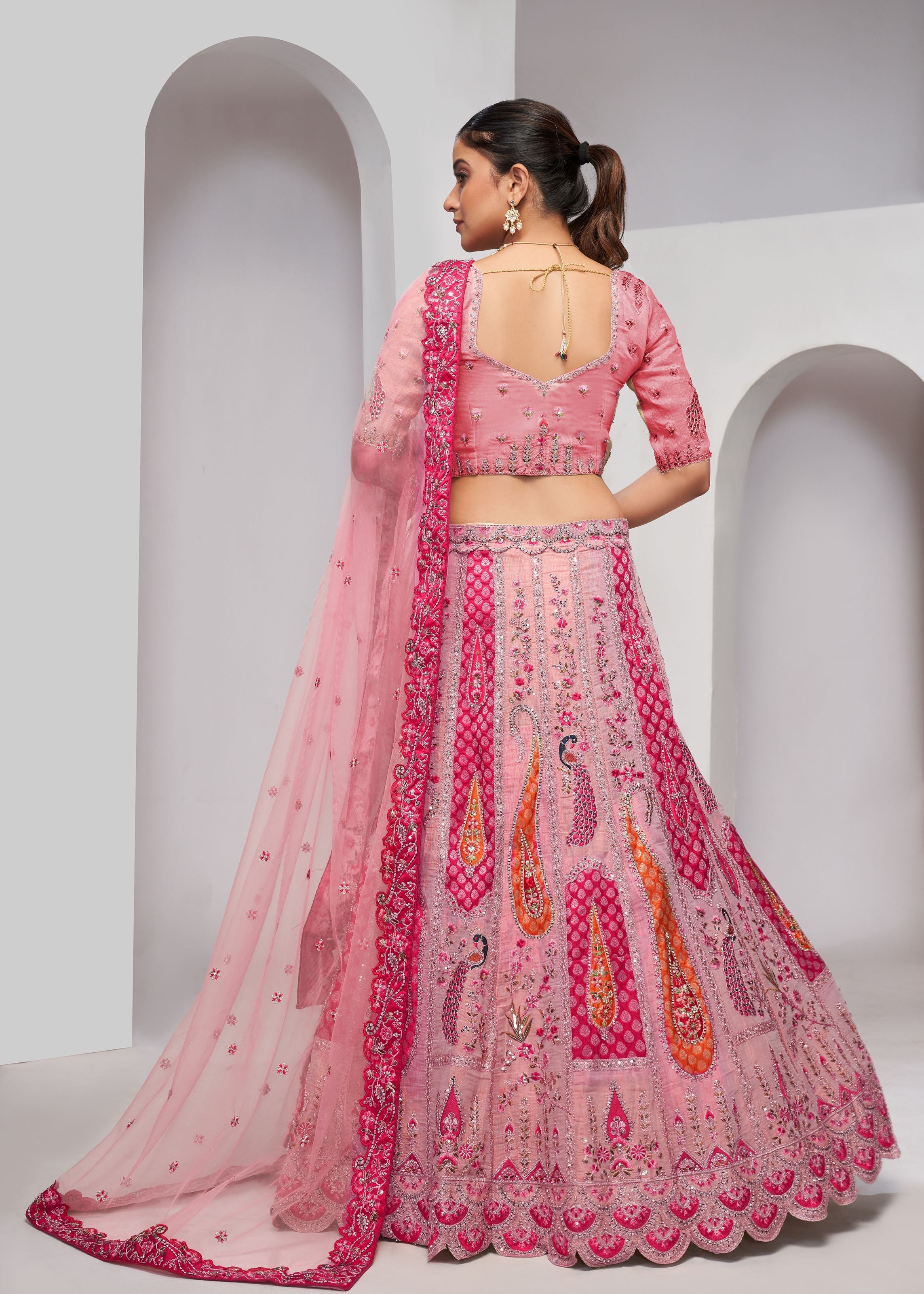 Elegant Peacock And Paisely Motifs Rose Pink  Silk Color Traditional Lehenga Choli