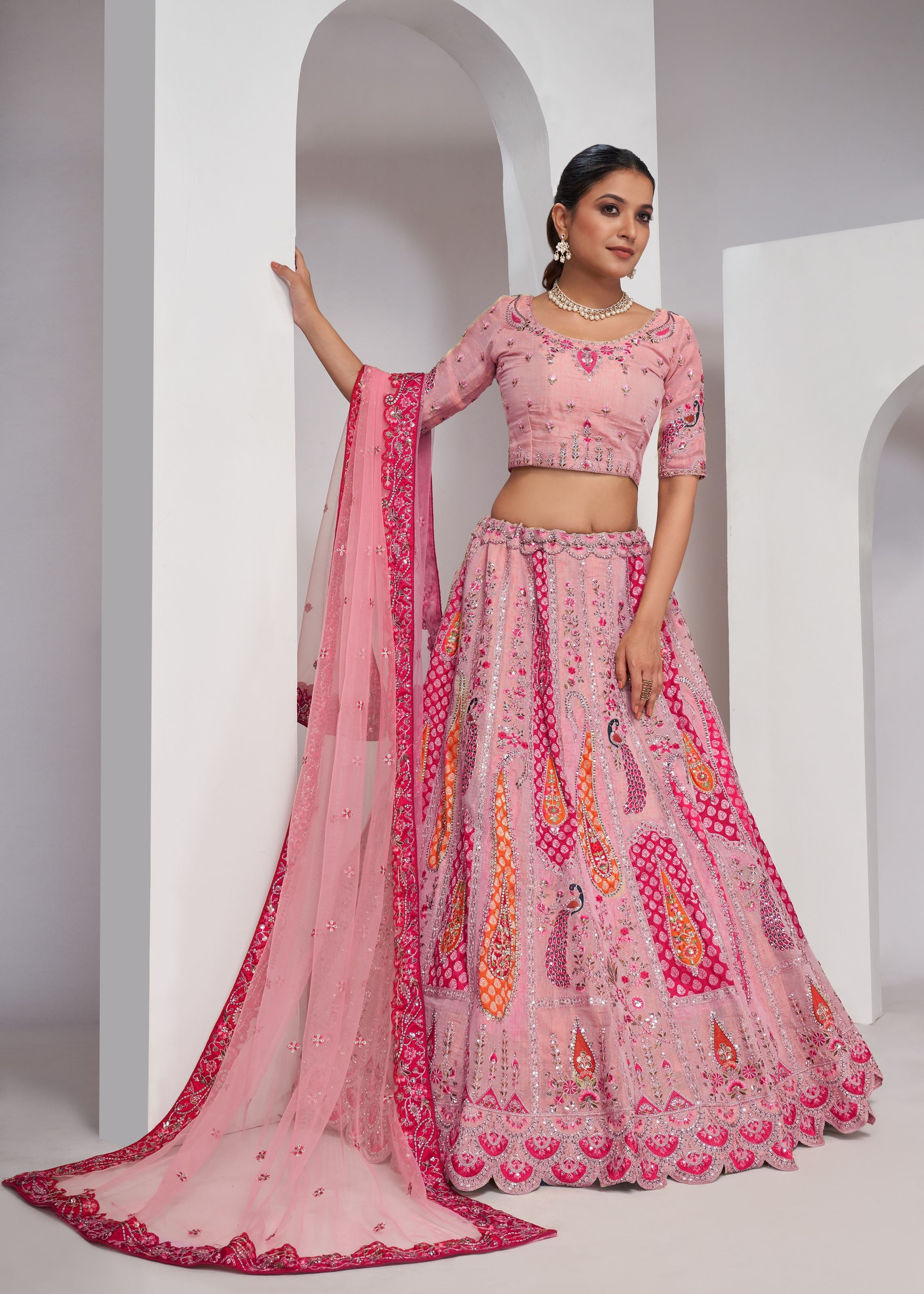 Elegant Peacock And Paisely Motifs Rose Pink  Silk Color Traditional Lehenga Choli