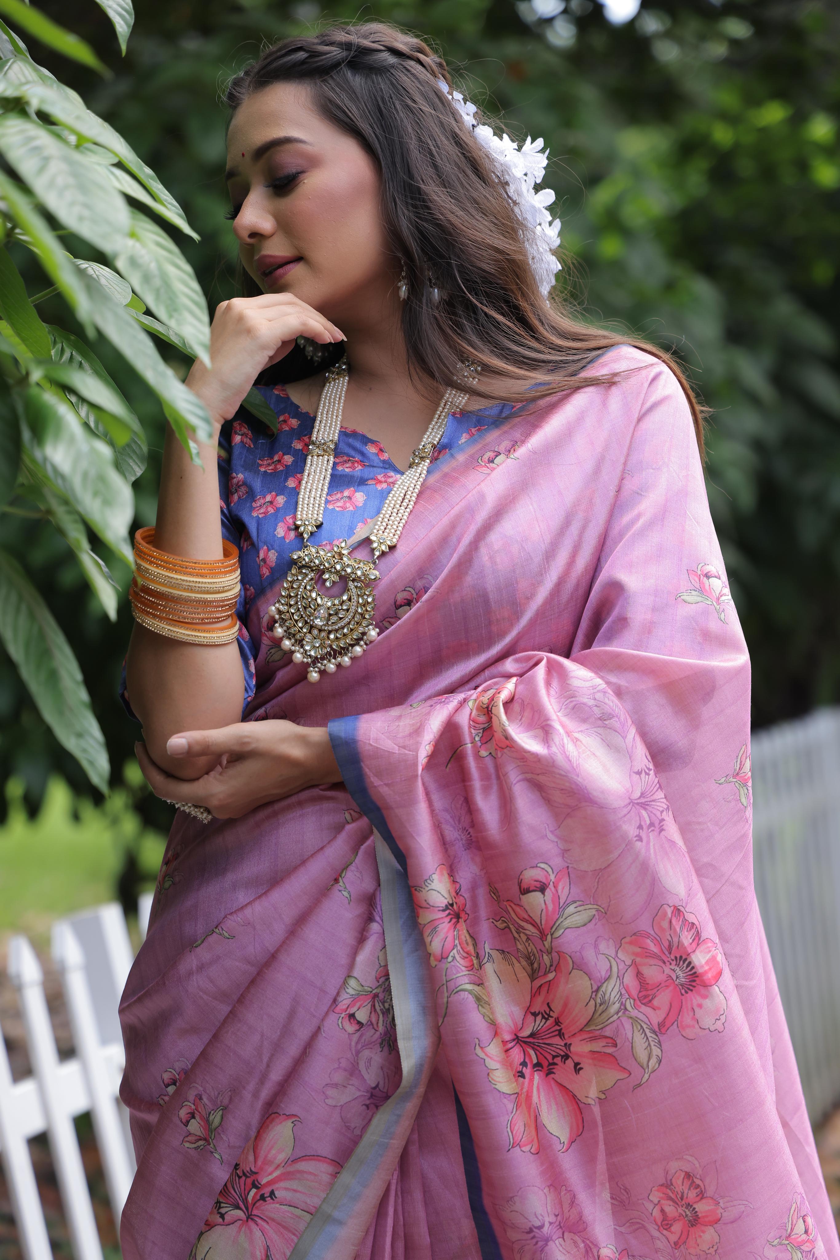 Elegant Pink Tussar Silk Saree with Floral Printed Elegance