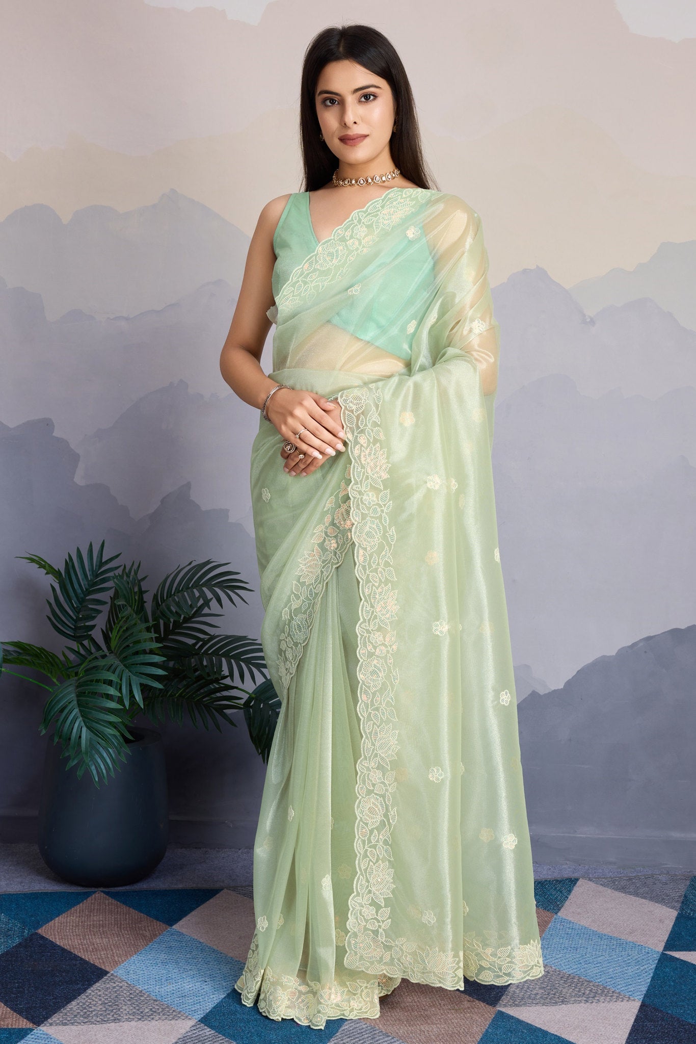 Elegant Pista Green Fancy Saree with Heavy Thread & Sequins Embroidery