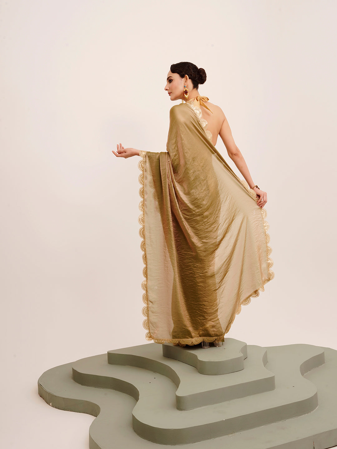 Embellished Sequinned Work Metallic Green Tissue Rich Ceremonial Saree