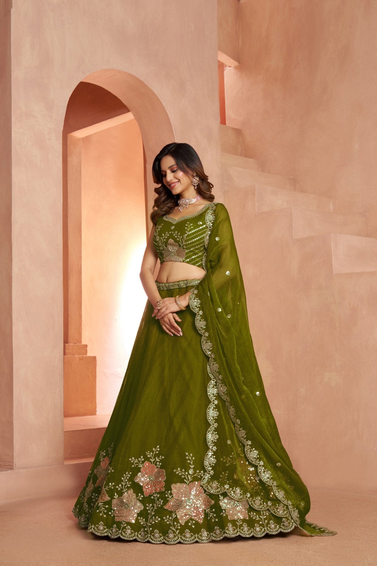 Emerald Green Tissue Floral Embroidered Wedding Lehenga Choli Set