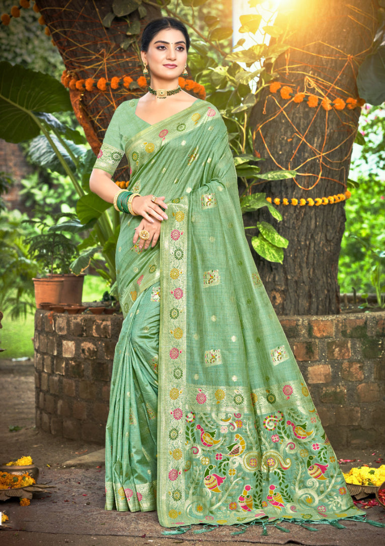 Enchanting Sea Green Assam Silk Meenakari Festival Saree