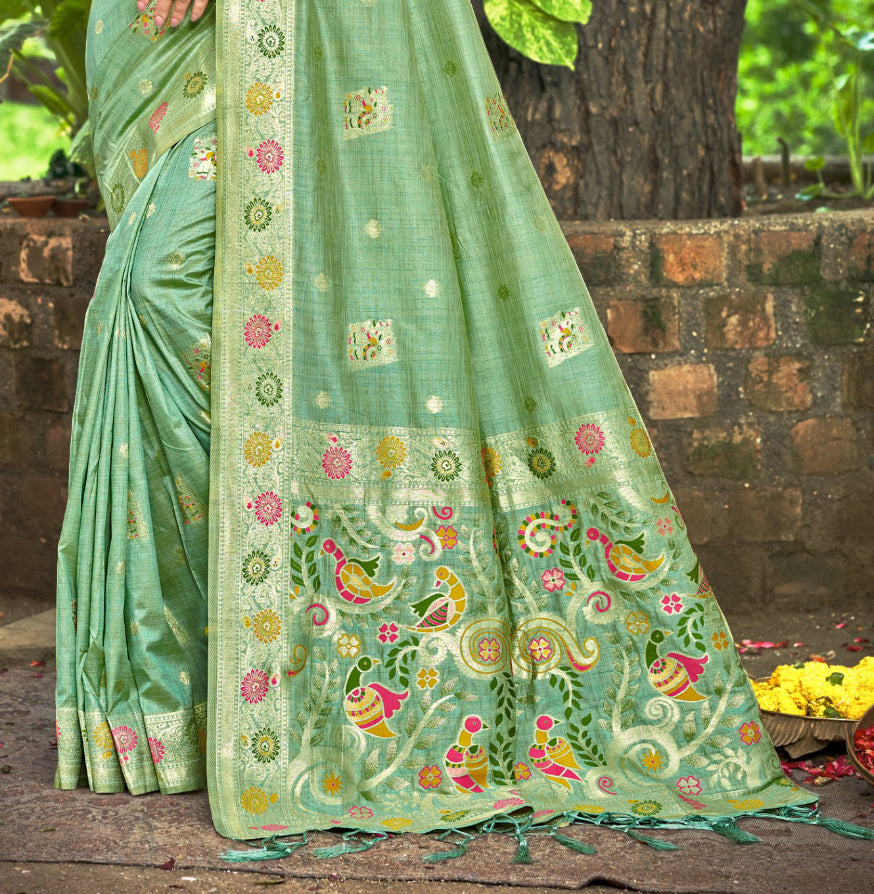 Enchanting Sea Green Assam Silk Meenakari Festival Saree