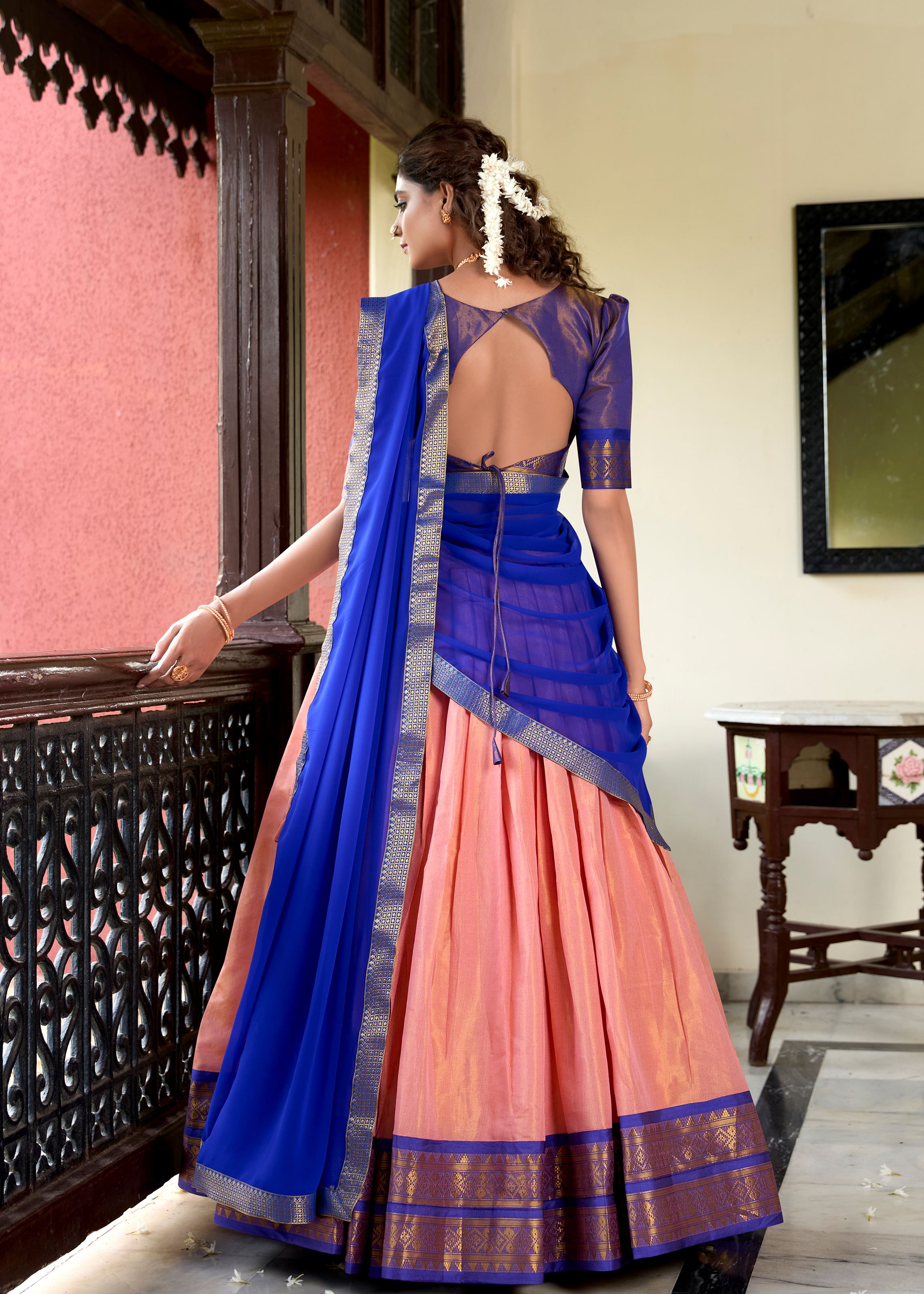 Ethereal Beauty In Peach Kanchipuram Zari Woven Silk Lehenga For Grand Celebrations