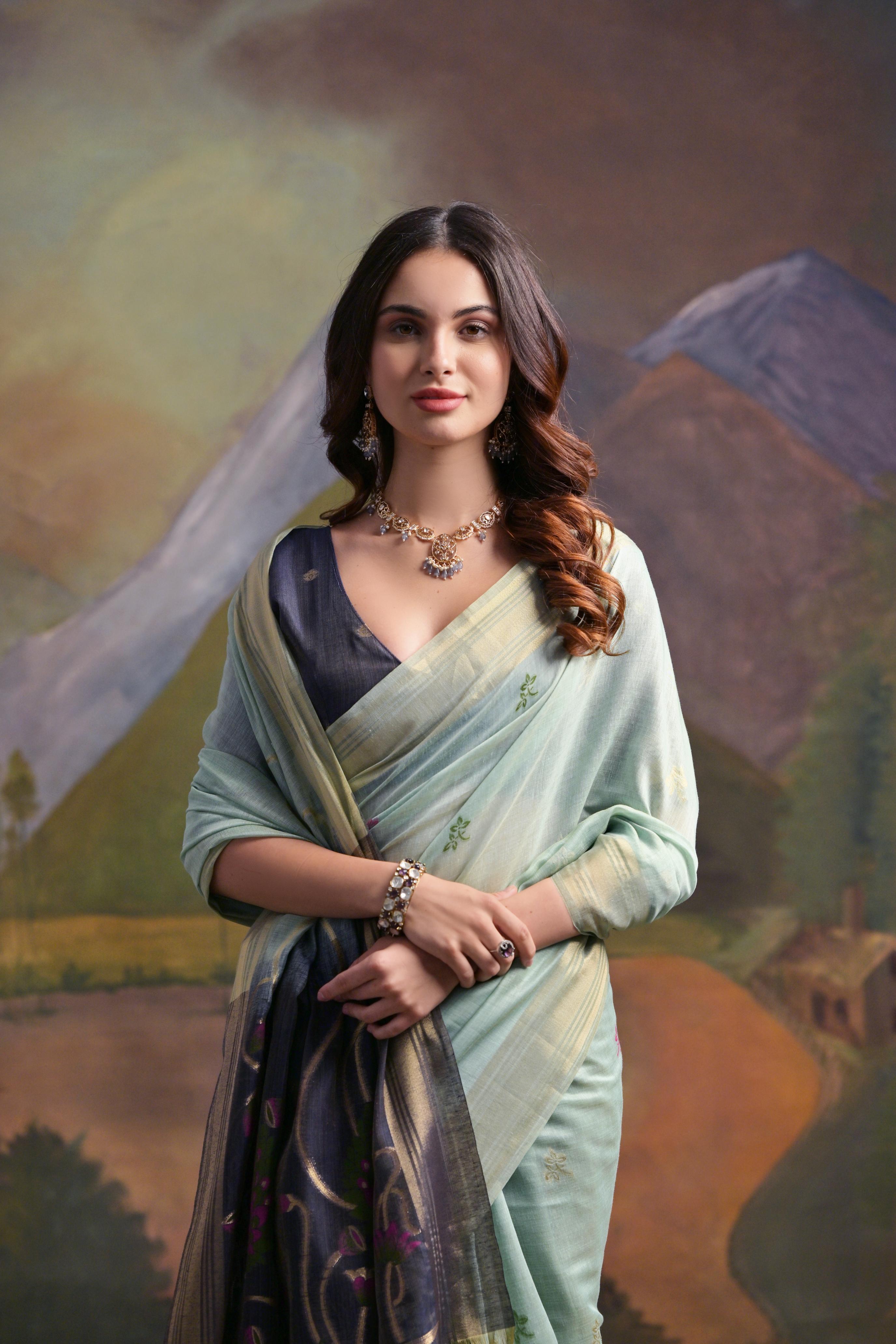 Ethnic Sky Blue Muga Cotton Fancy Summer Special Woven Designer Saree
