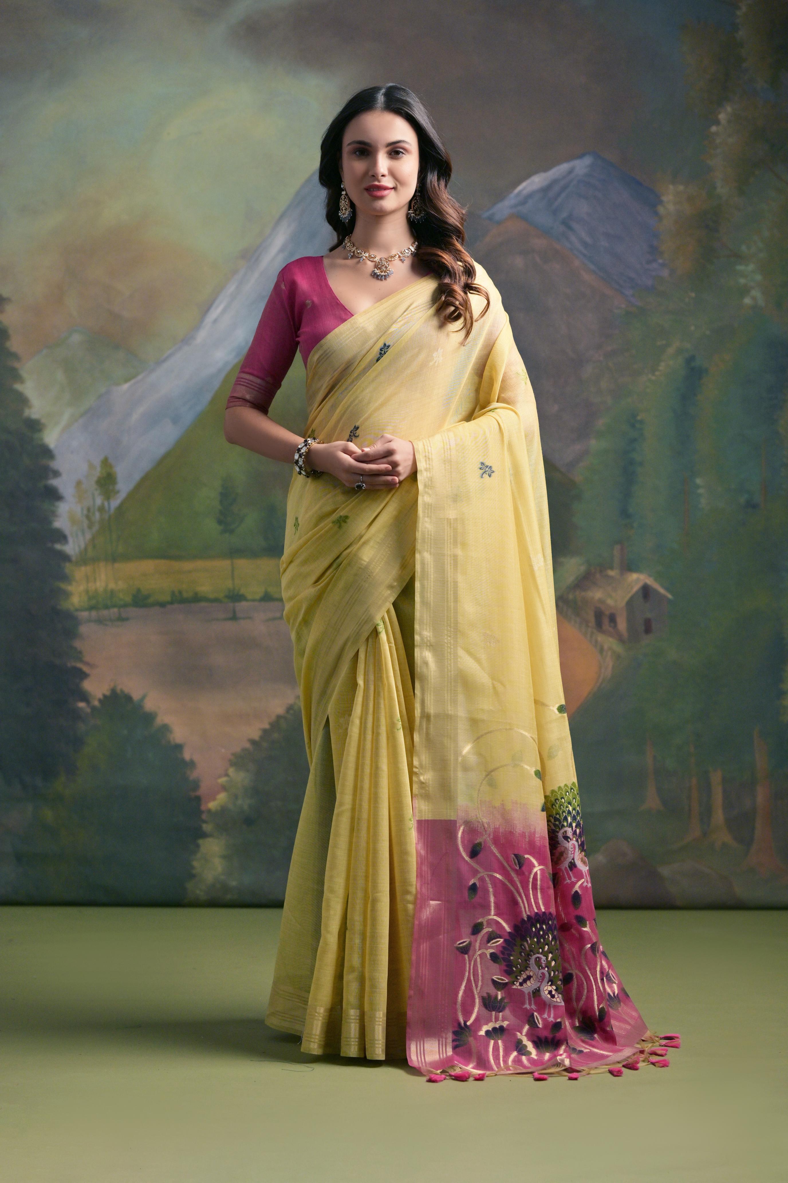 Ethnic Yellow Muga Cotton Fancy Summer Special Woven Designer Saree
