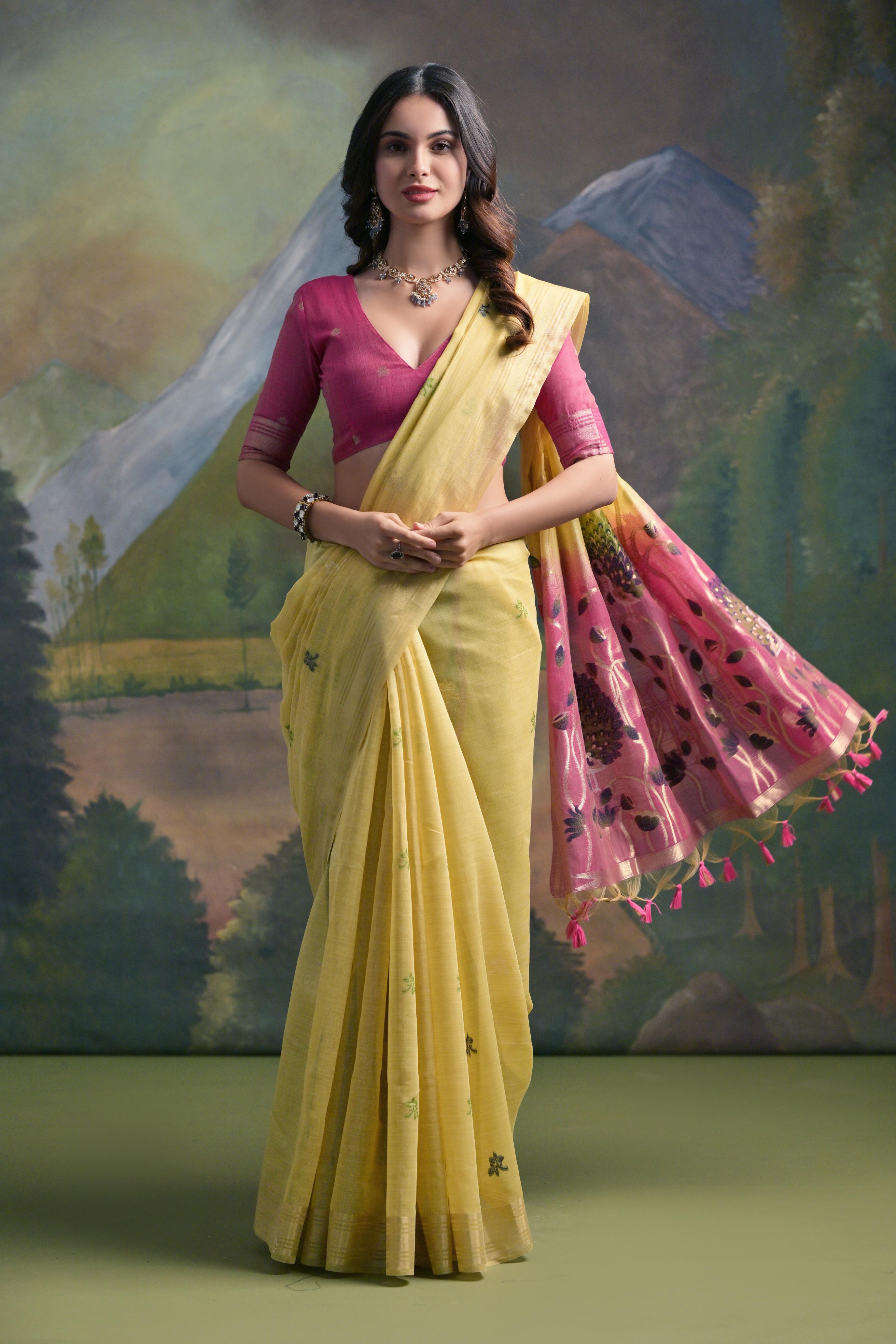 Ethnic Yellow Muga Cotton Fancy Summer Special Woven Designer Saree