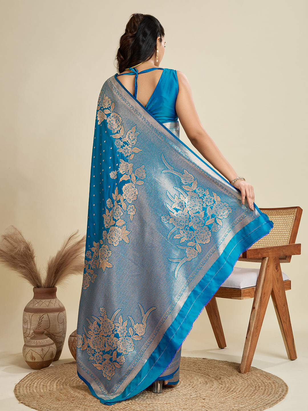 Firozi Banarasi Silk Saree with Butti and Floral Border