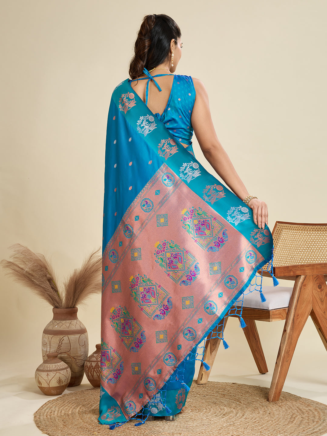 Firozi Banarasi Silk Saree with Silver Butti and Paithani Pallu