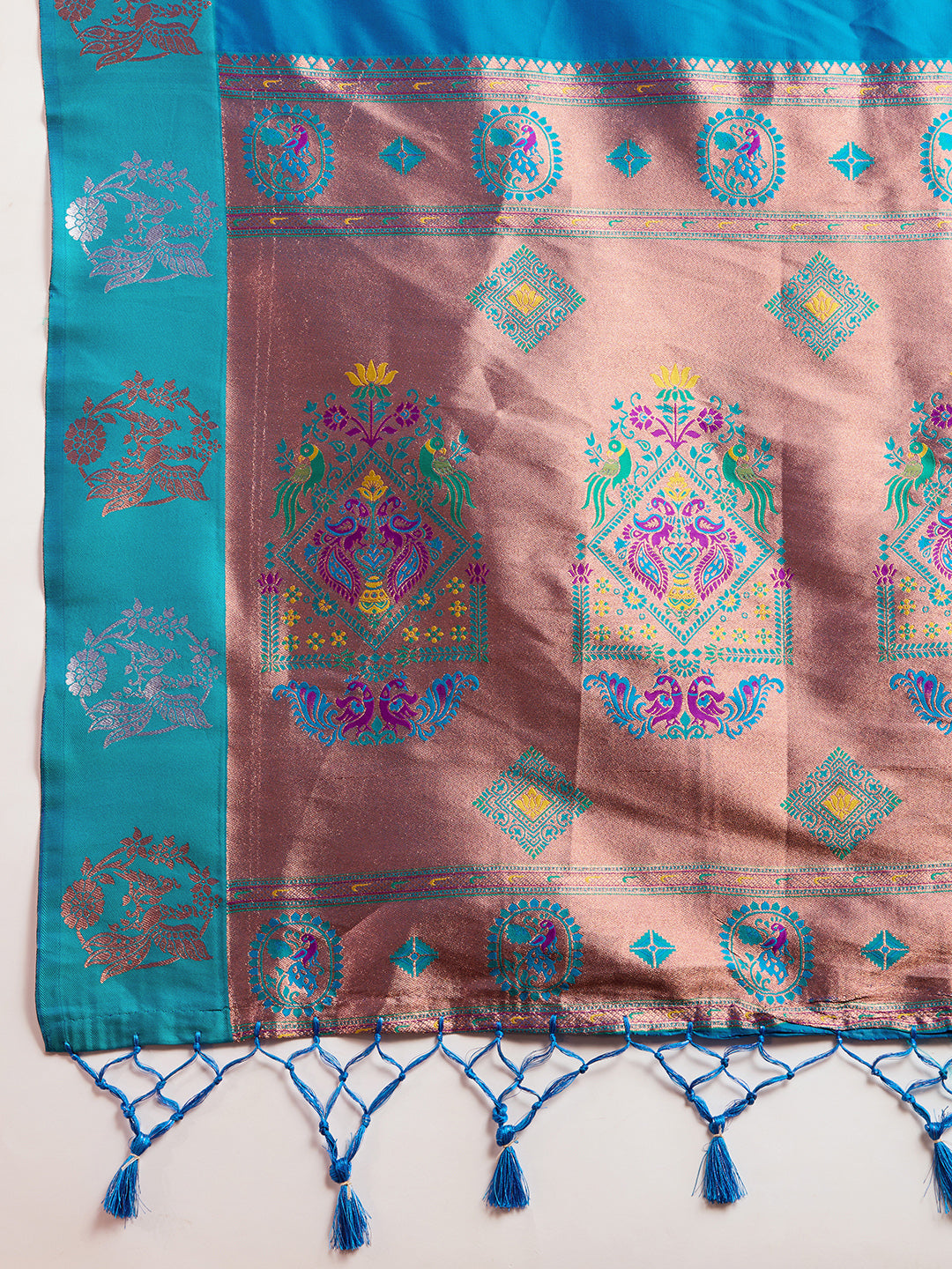 Firozi Banarasi Silk Saree with Silver Butti and Paithani Pallu