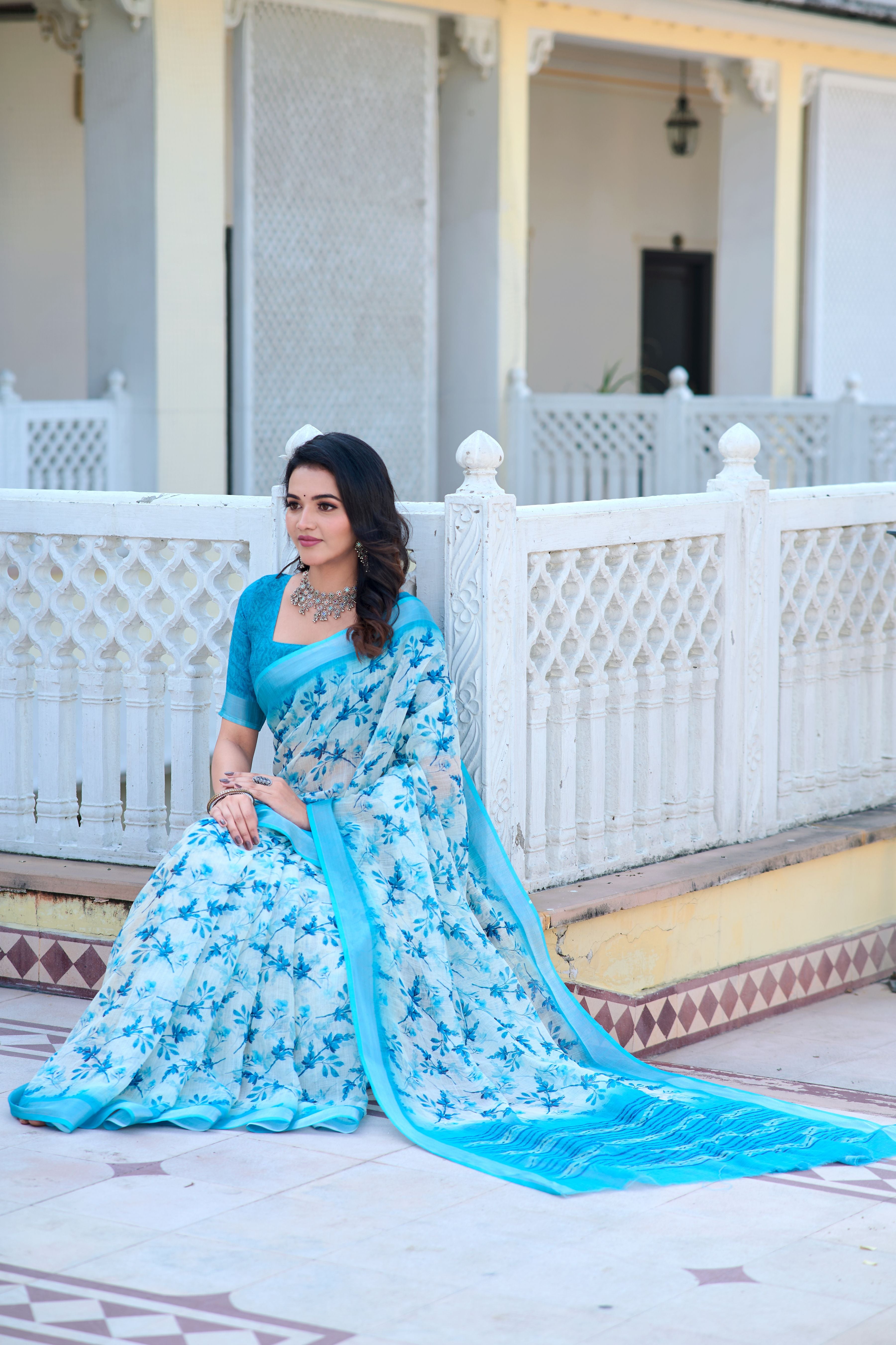 Firozi Beautiful Linen Cotton Designer Festive Wear Saree