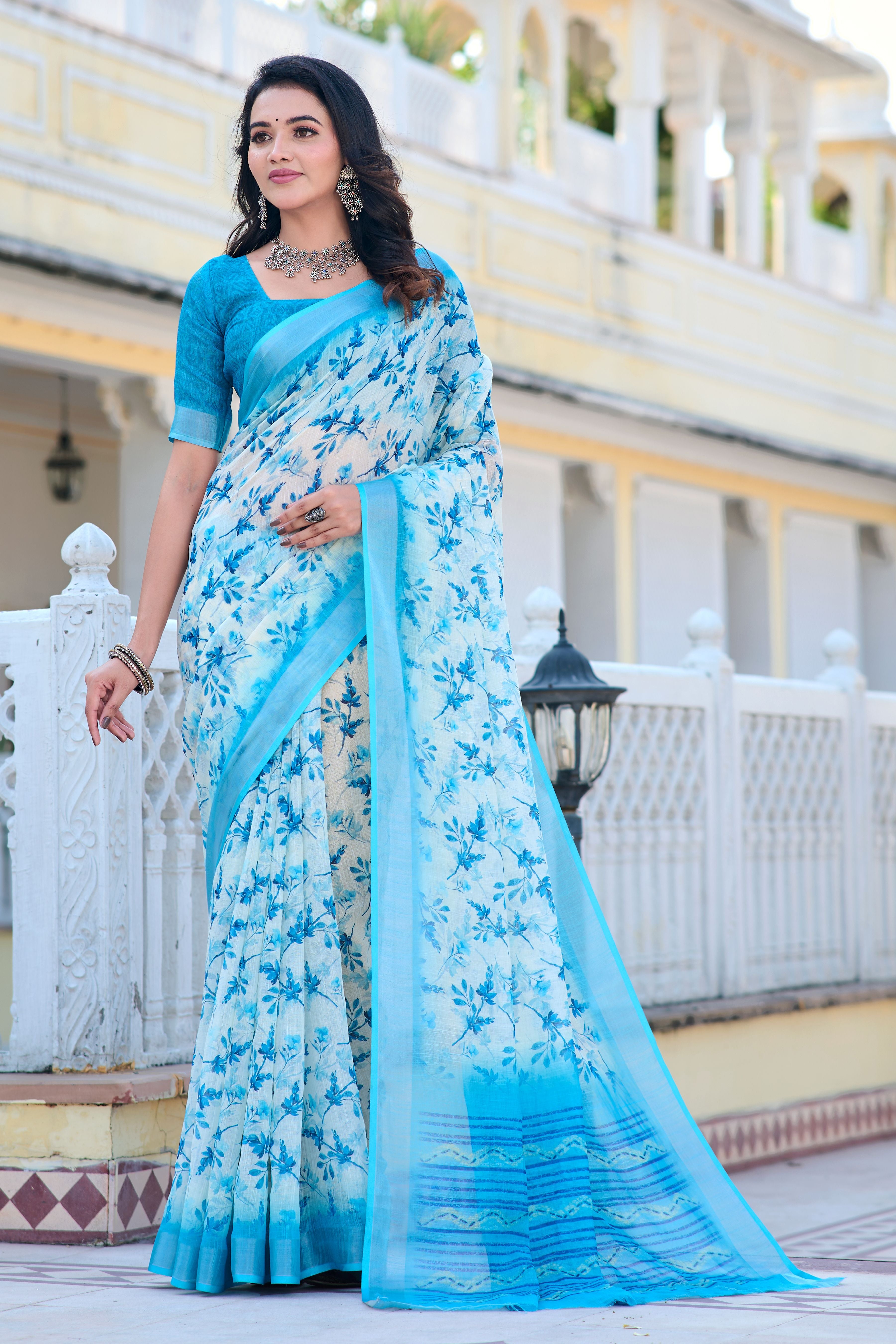 Firozi Beautiful Linen Cotton Designer Festive Wear Saree