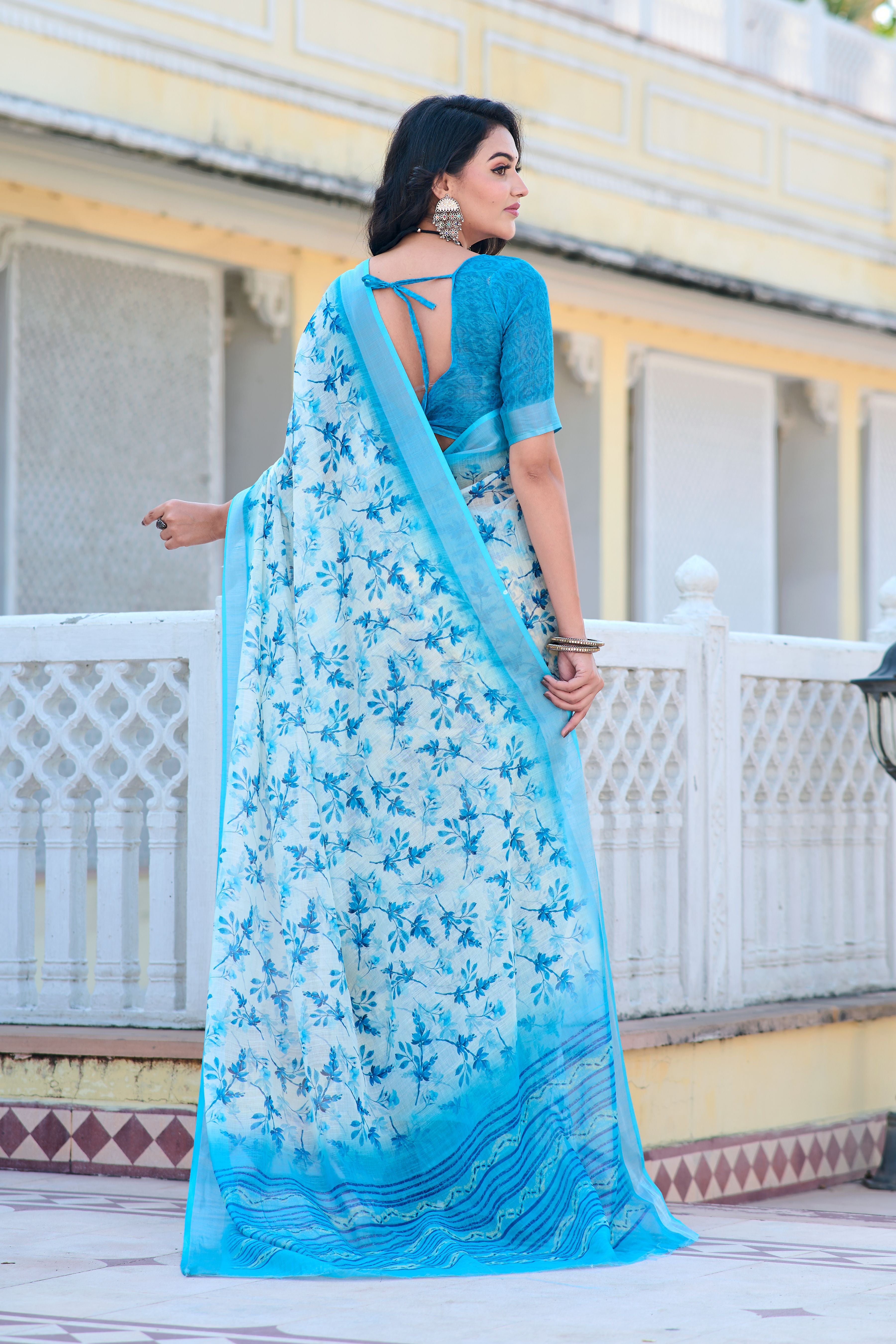 Firozi Beautiful Linen Cotton Designer Festive Wear Saree