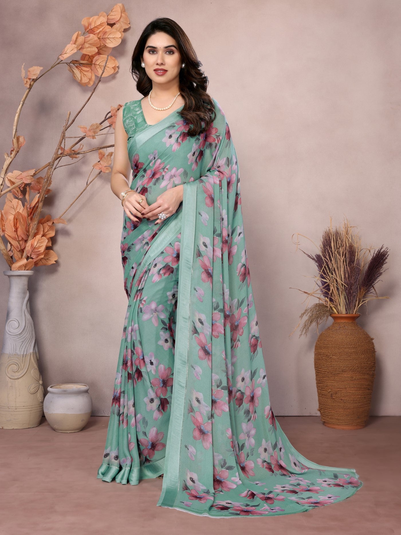 Firozi Bright Moss Satin Patta Saree With Printed