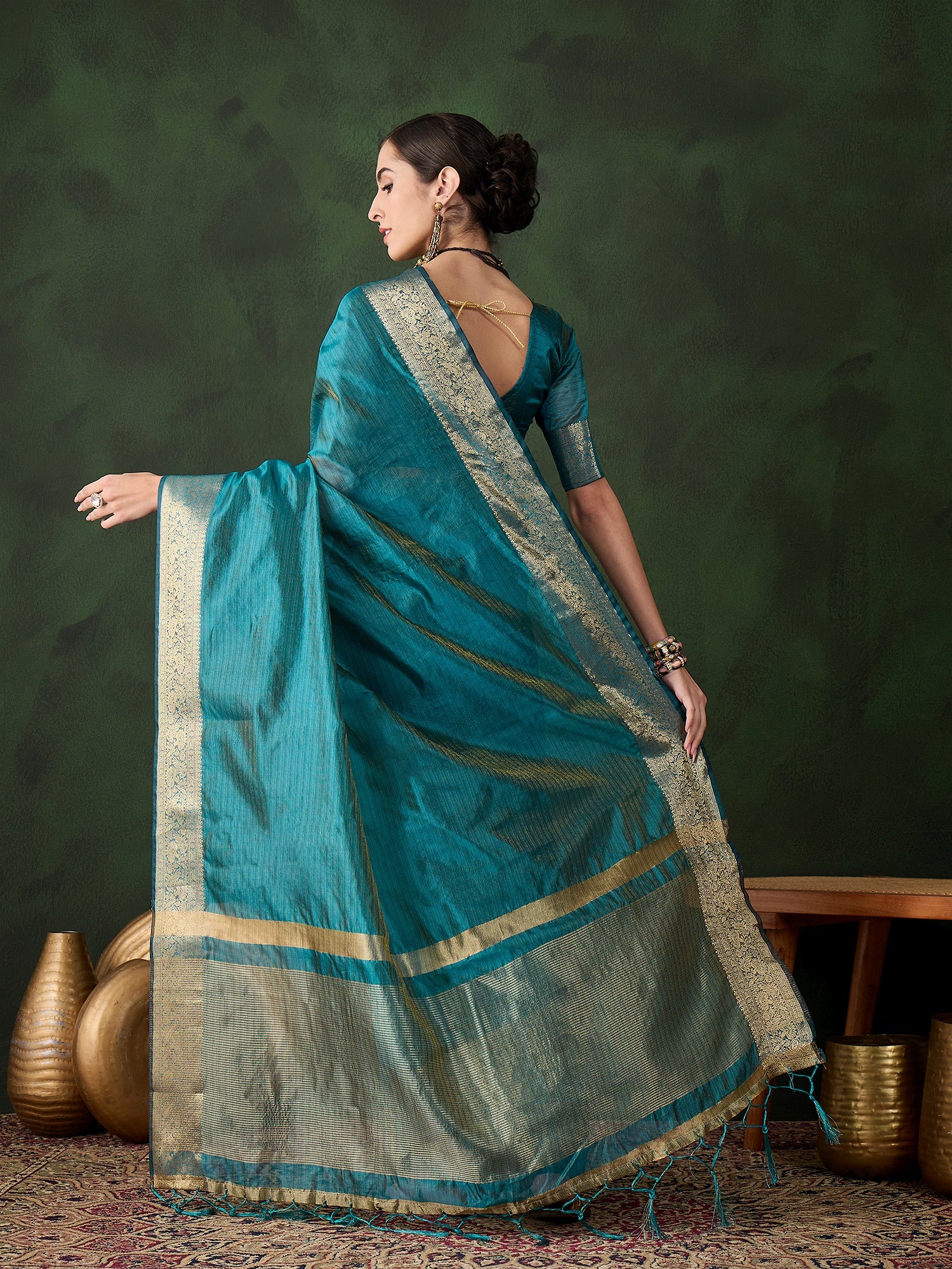 Firozi Khadi Organza Woven Jacquard Designer Traditional Festive Wear Saree
