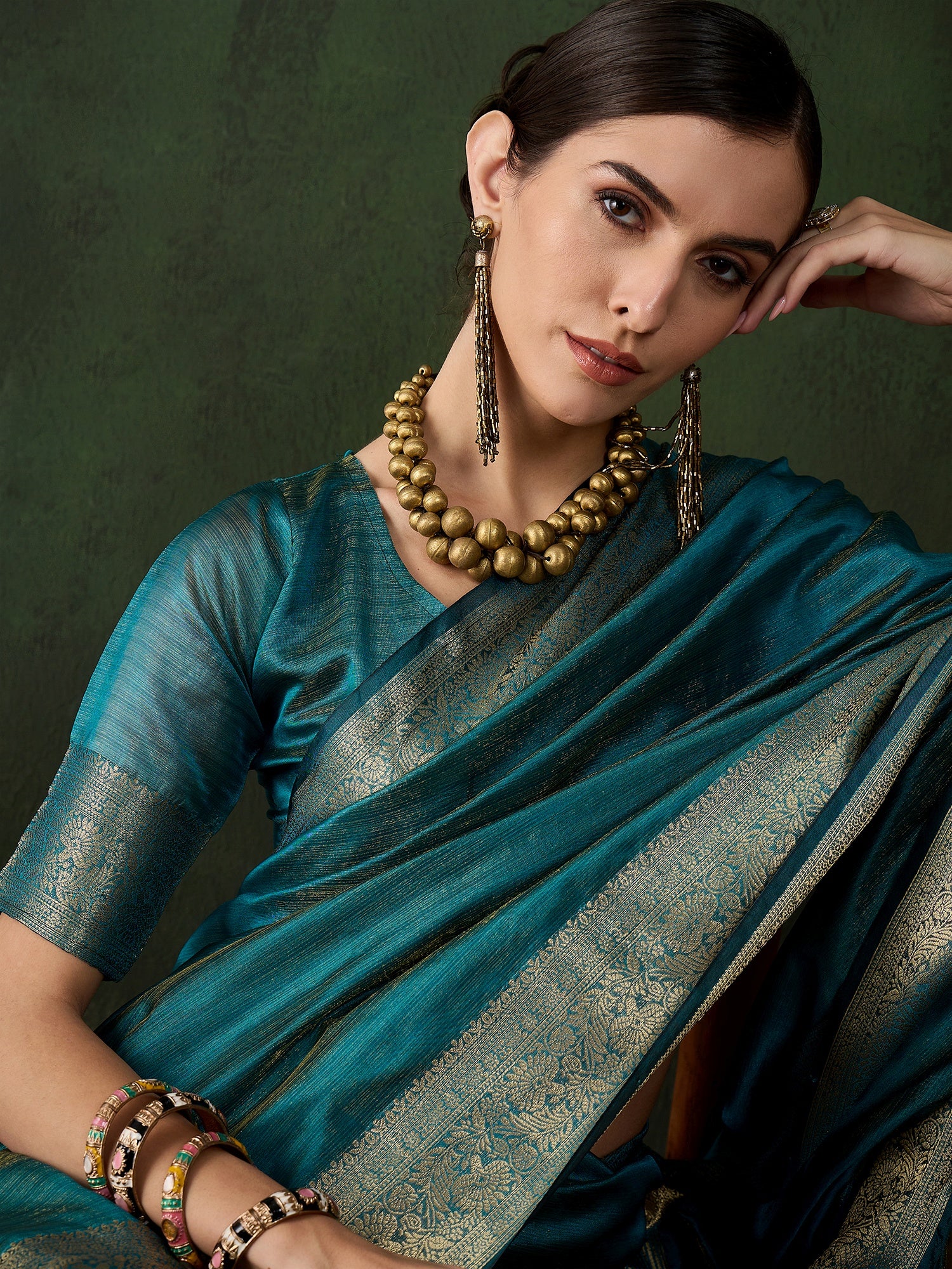 Firozi Khadi Organza Woven Jacquard Designer Traditional Festive Wear Saree