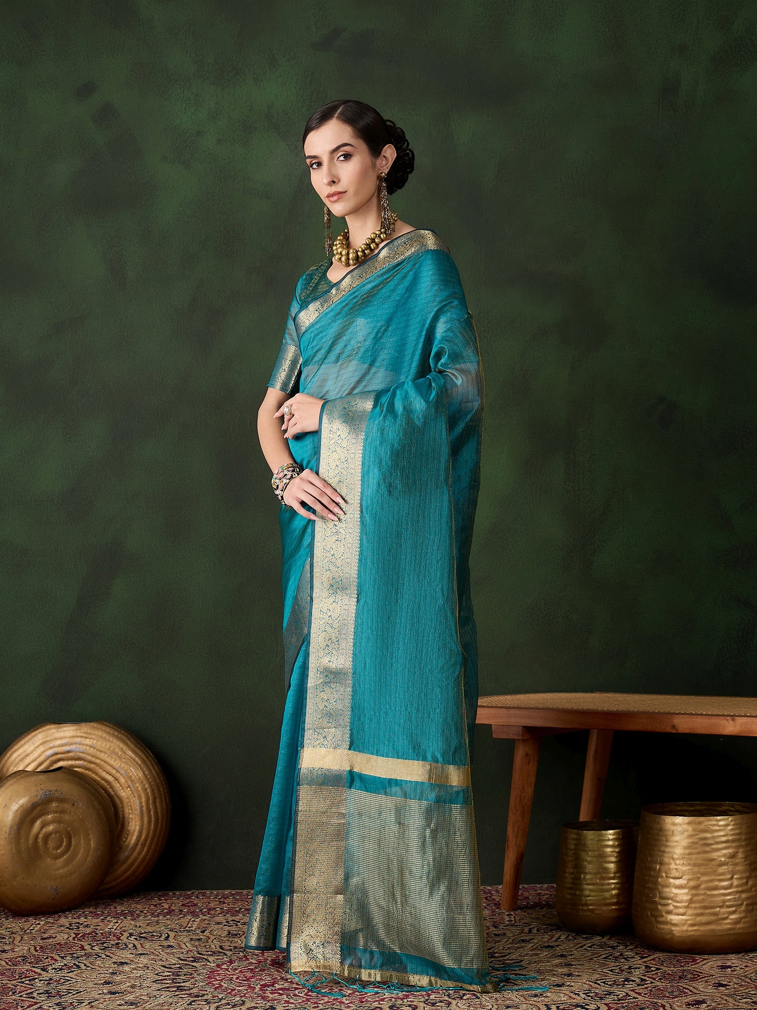 Firozi Khadi Organza Woven Jacquard Designer Traditional Festive Wear Saree