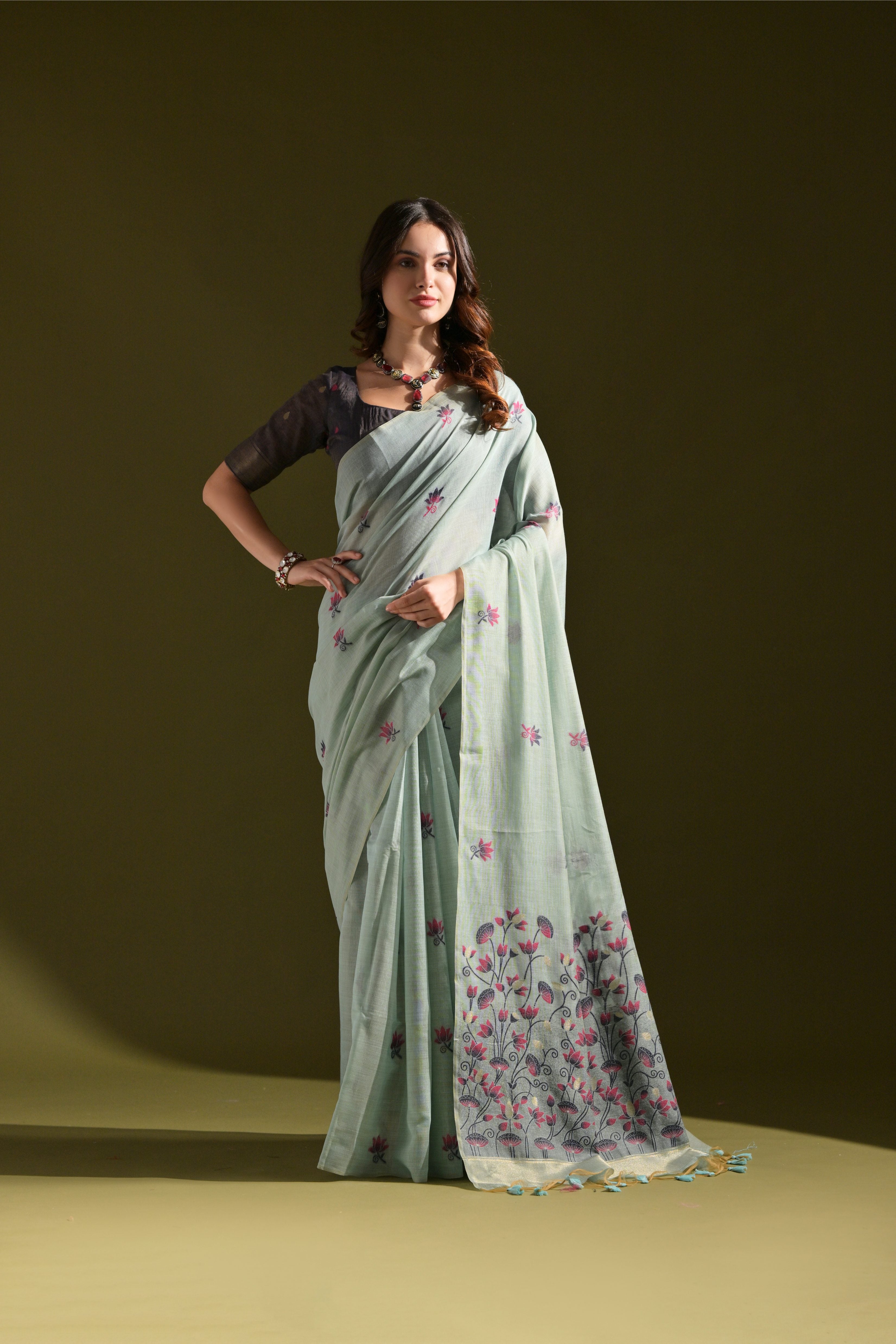 Firozi Muga Cotton Saree with Lotus Thread Design