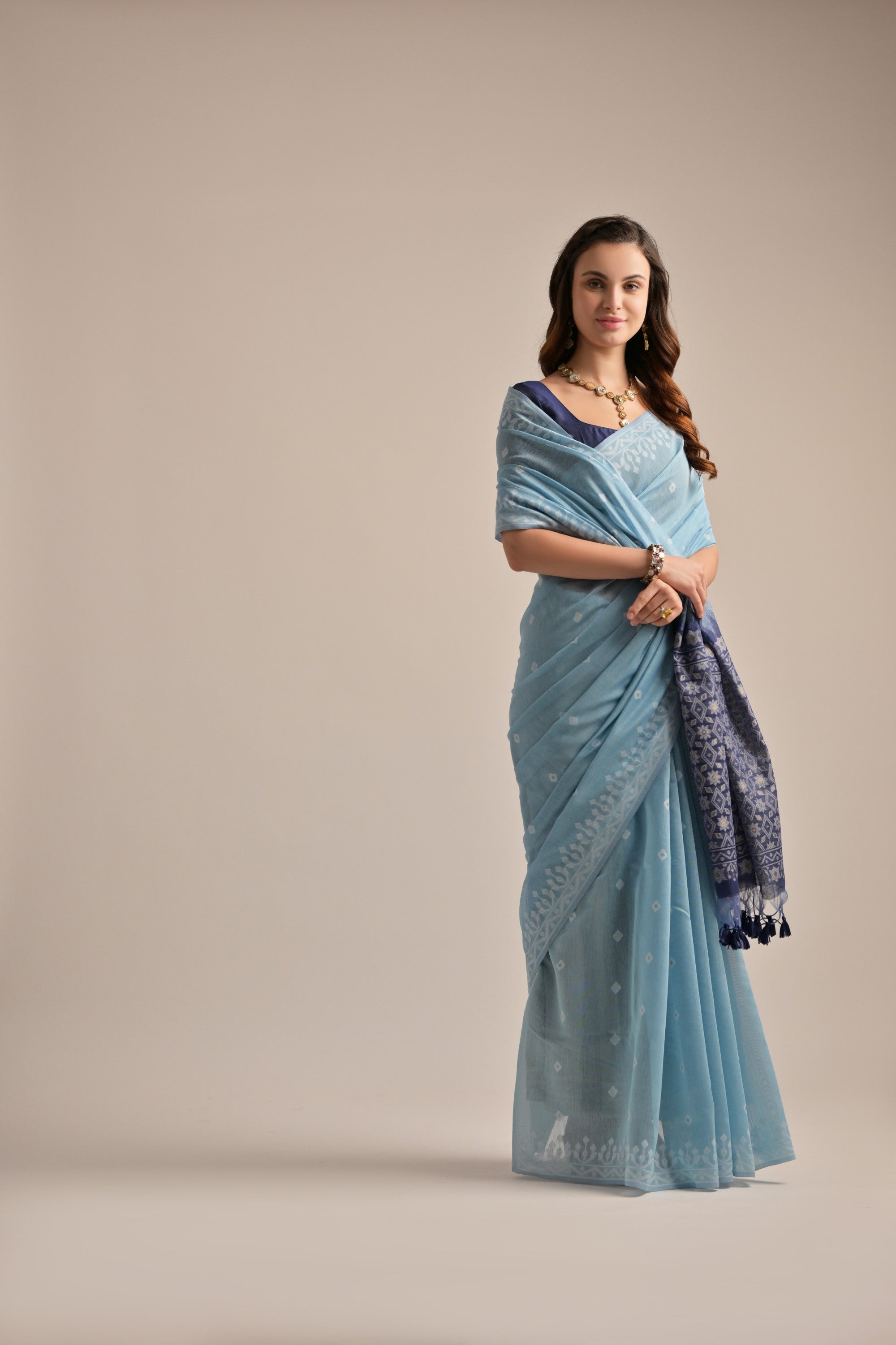 Firozi Muga Cotton Saree with Thread Butti and Lakhnawi Pallu