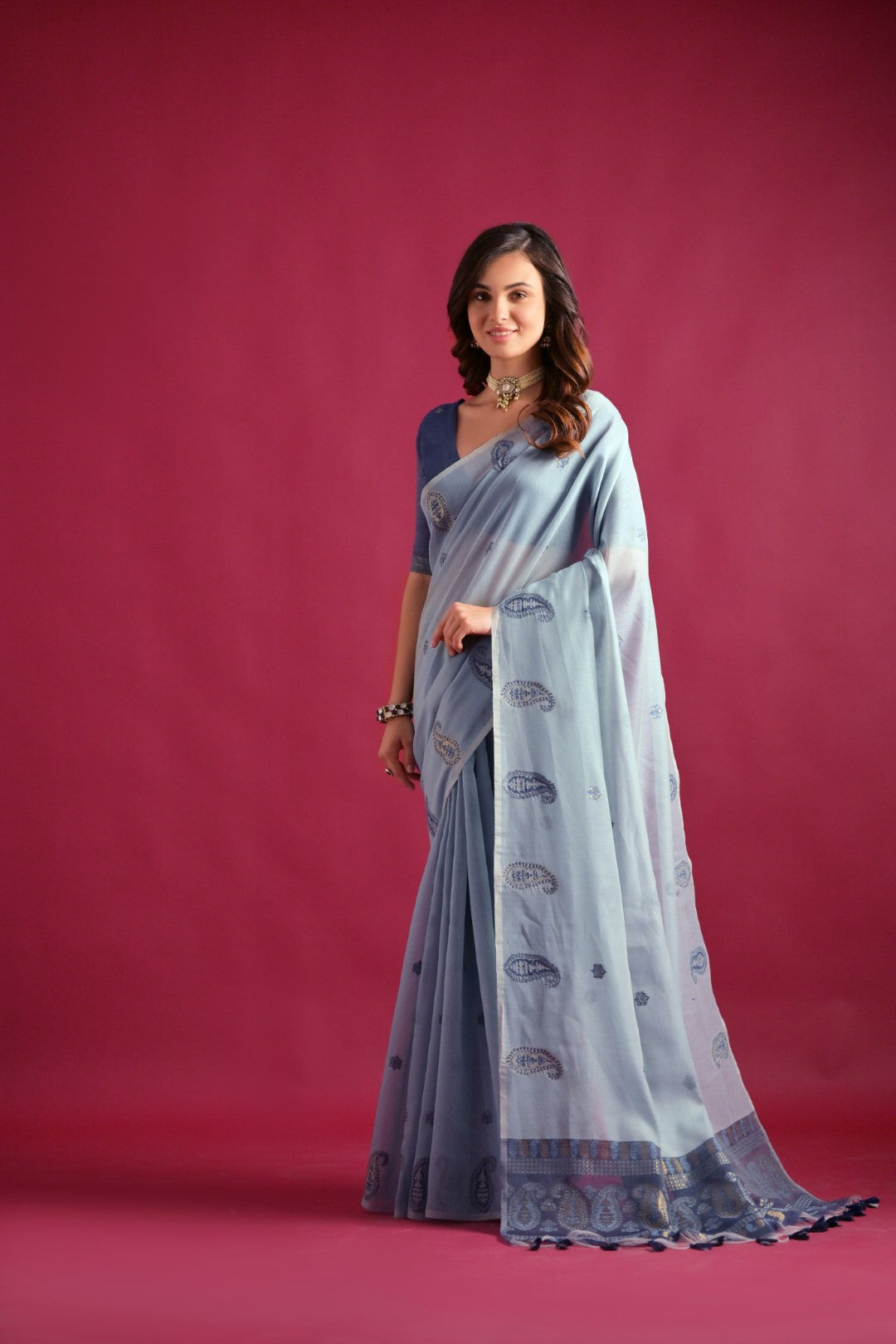 Firozi Mul Cotton Saree with Keri Pallu and Butti Weaves
