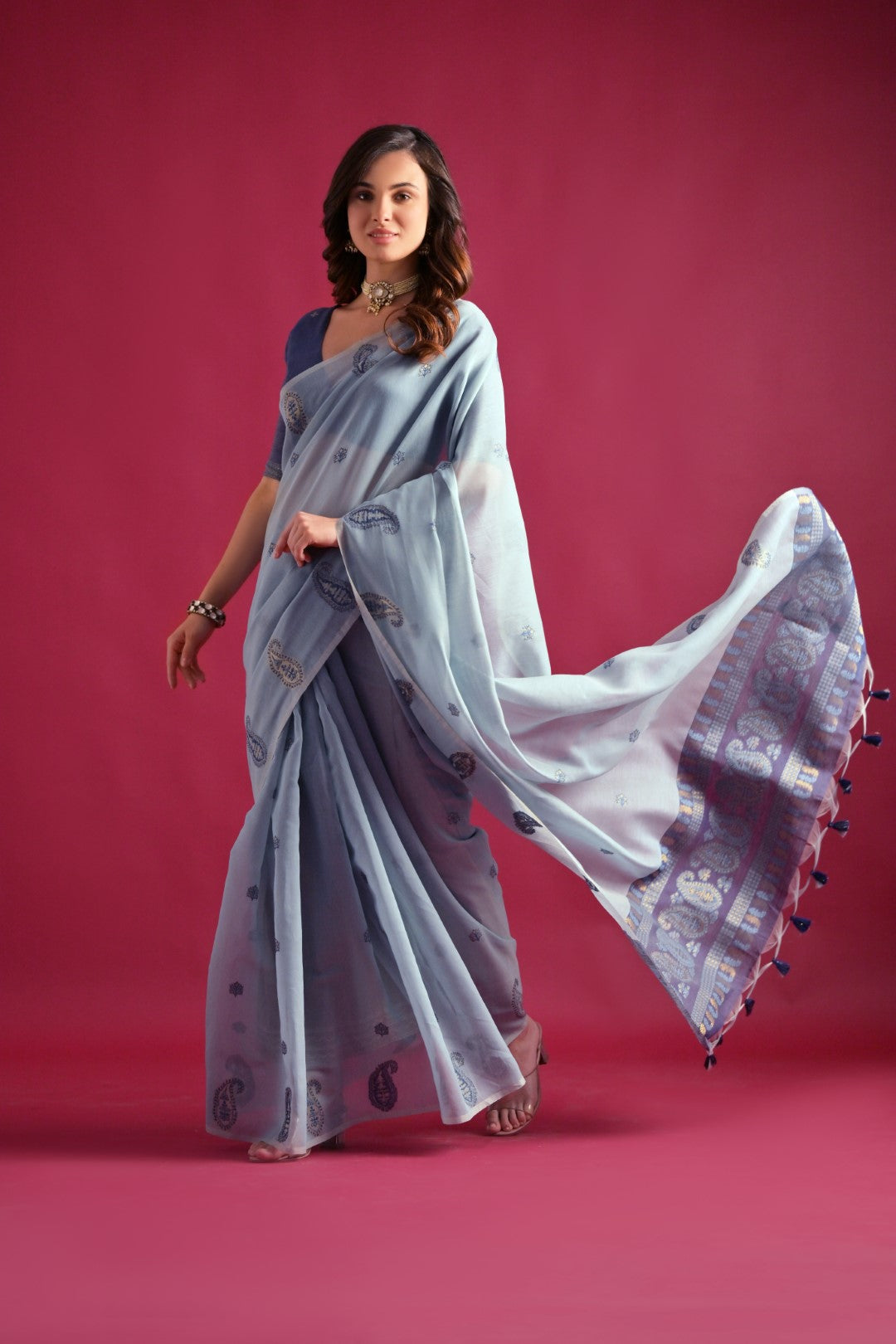 Firozi Mul Cotton Saree with Keri Pallu and Butti Weaves
